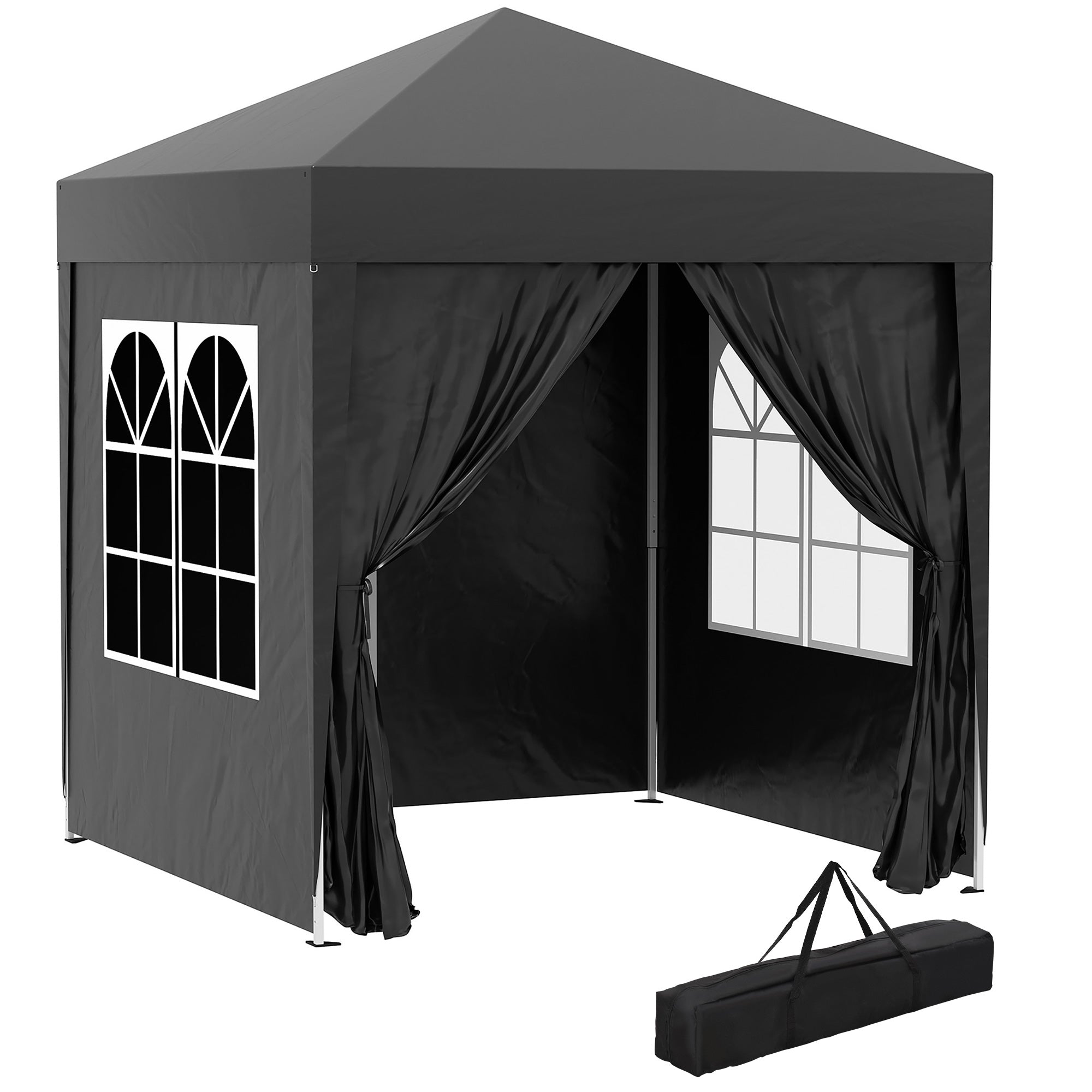 Outsunny 2 x 2 m Garden Pop Up Gazebo, Wedding Party Tent Marquee, Water Resistant Awning Canopy with Sidewalls, Windows, Carry Bag, Black - North Peak Garden Furniture