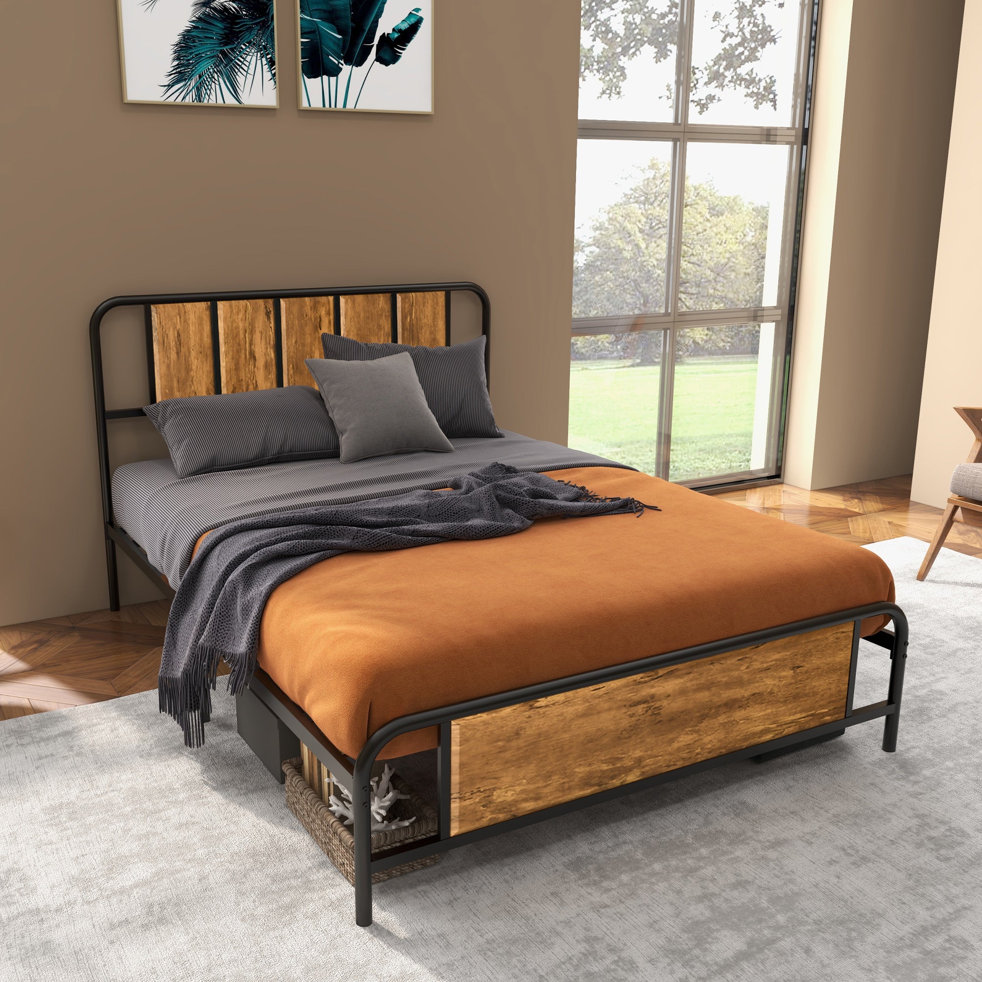 HOMCOM 4.8ft Double Bed Frame with Industrial Wood Headboard, Steel Slat Support and 25.5cm Underbed Storage Space, 145 x 199cm, Rustic Brown - North Peak Garden Furniture