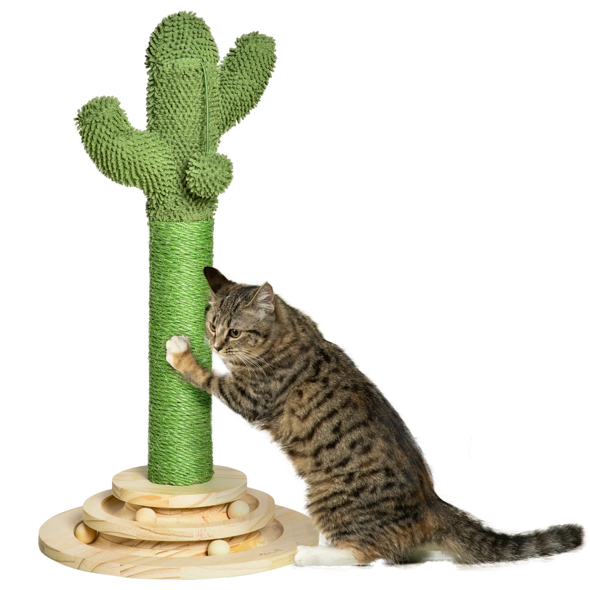 PawHut Cat Tree Cactus Sisal Scratching Post for Indoor Cats Play Tower Kitten Furniture with Hanging Ball Interactive Fun Roller Exerciser 32 x 32 x 60cm - North Peak Garden Furniture
