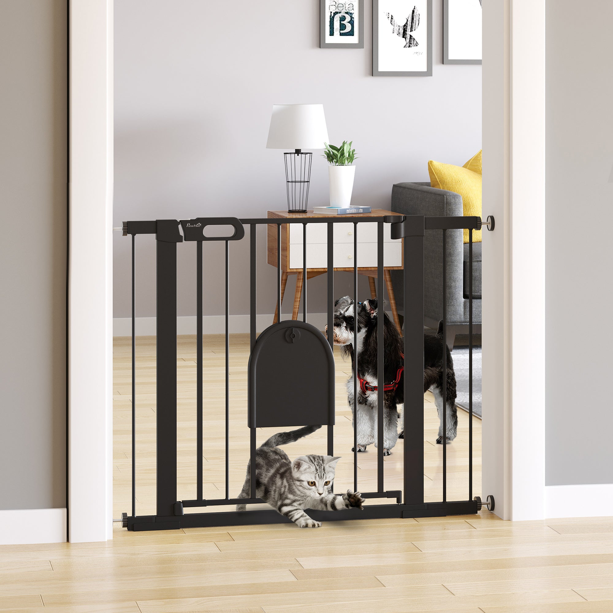 PawHut Dog Gate with Cat Flap Pet Safety Gate Barrier, Stair Pressure Fit, Auto Close, Double Locking, for Doorways, Hallways, 75-103 cm Black - North Peak Garden Furniture