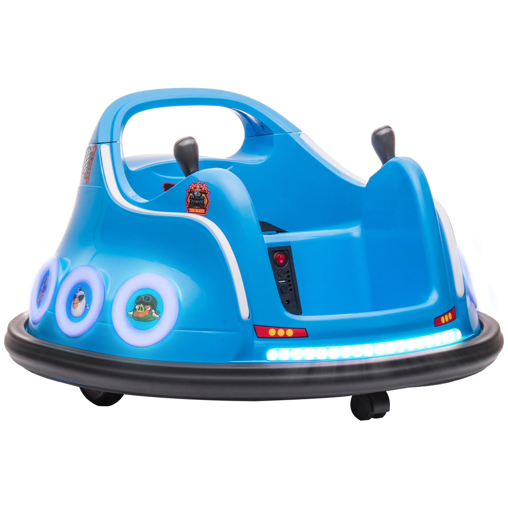 AIYAPLAY Angry Bird Licensed Waltzer Car, 12V Kids Bumper Car w/ Joysticks, Remote, Music LED Lights - Blue - North Peak Garden Furniture