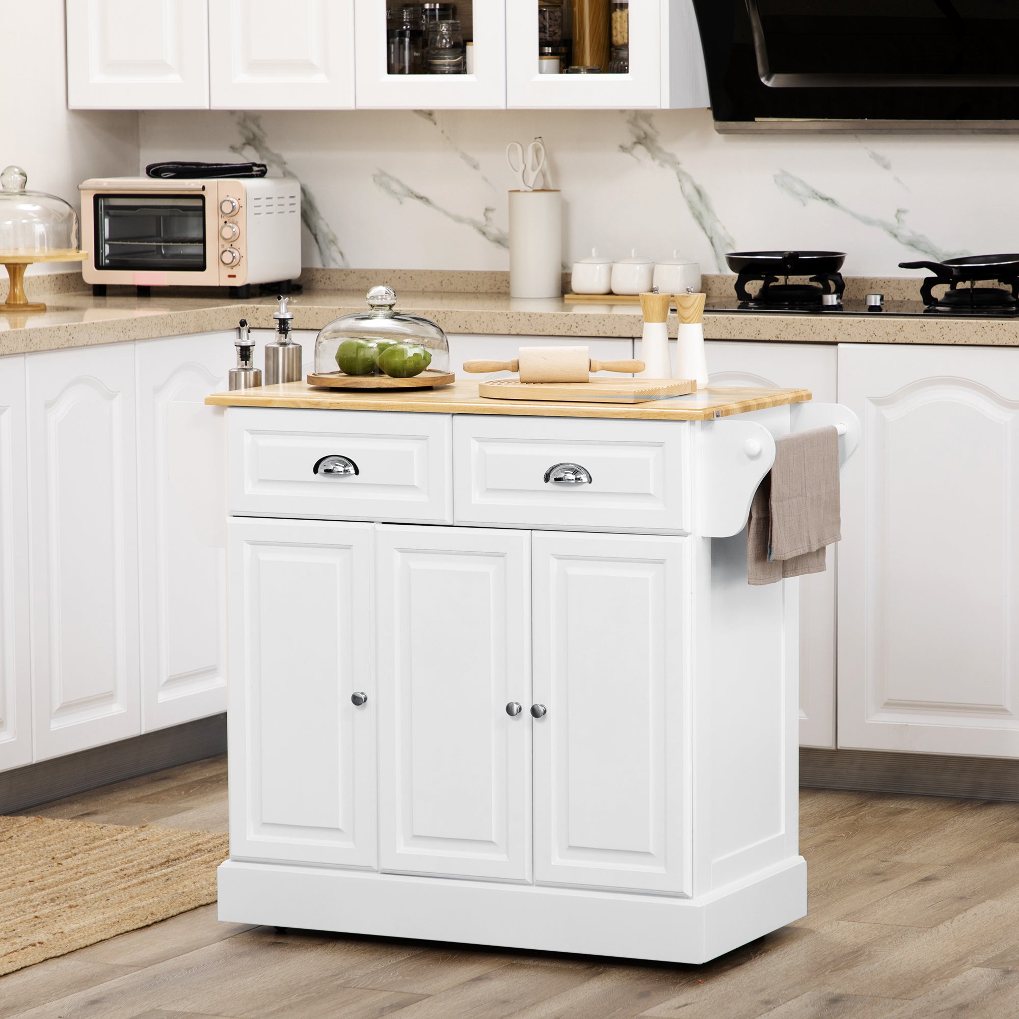 HOMCOM Kitchen Island with Storage Rolling Kitchen Serving Cart with Rubber Wood Top Towel Rack Storage Drawer Cabinet White - North Peak Garden Furniture