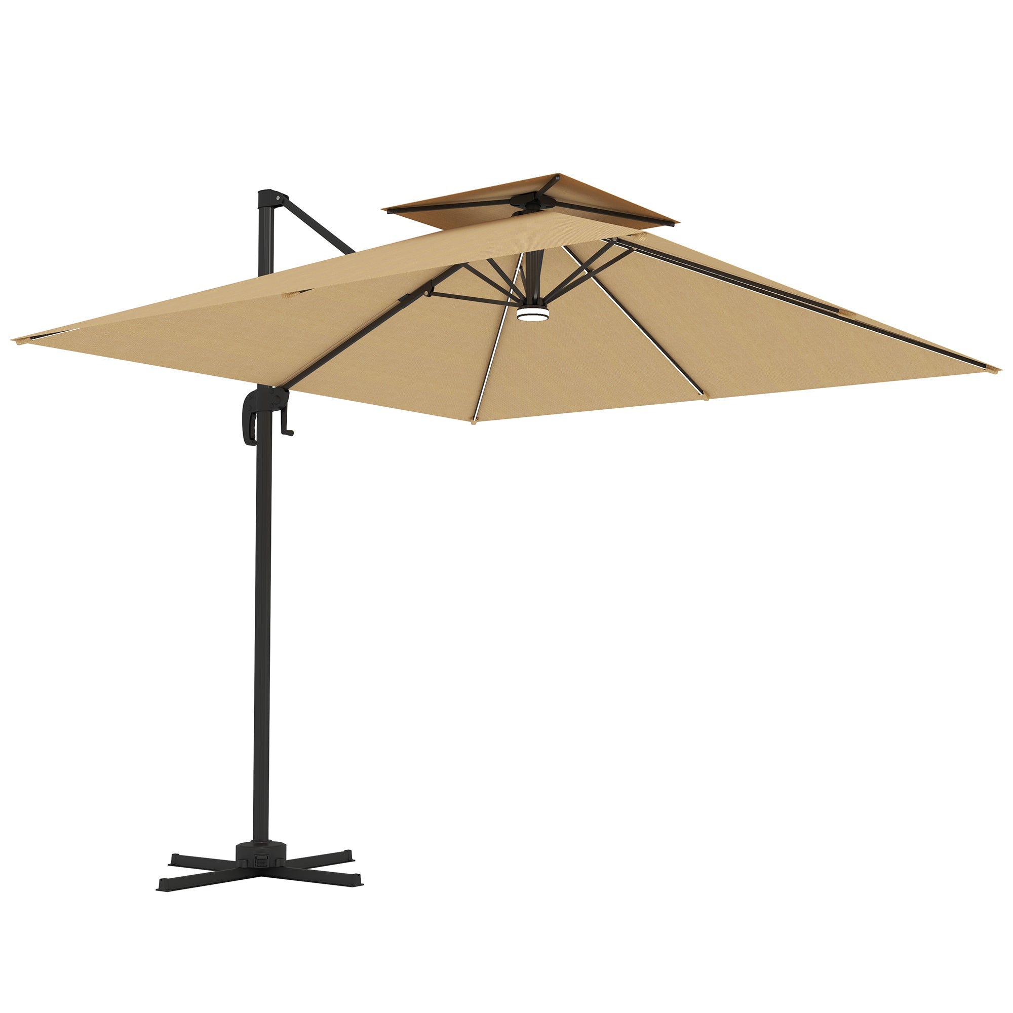 Outsunny 2.5m Cantilever Parasol with Solar Powered LED Lights, 360° Rotation, Tilt Adjustment, Crank Handle, Khaki - North Peak Garden Furniture
