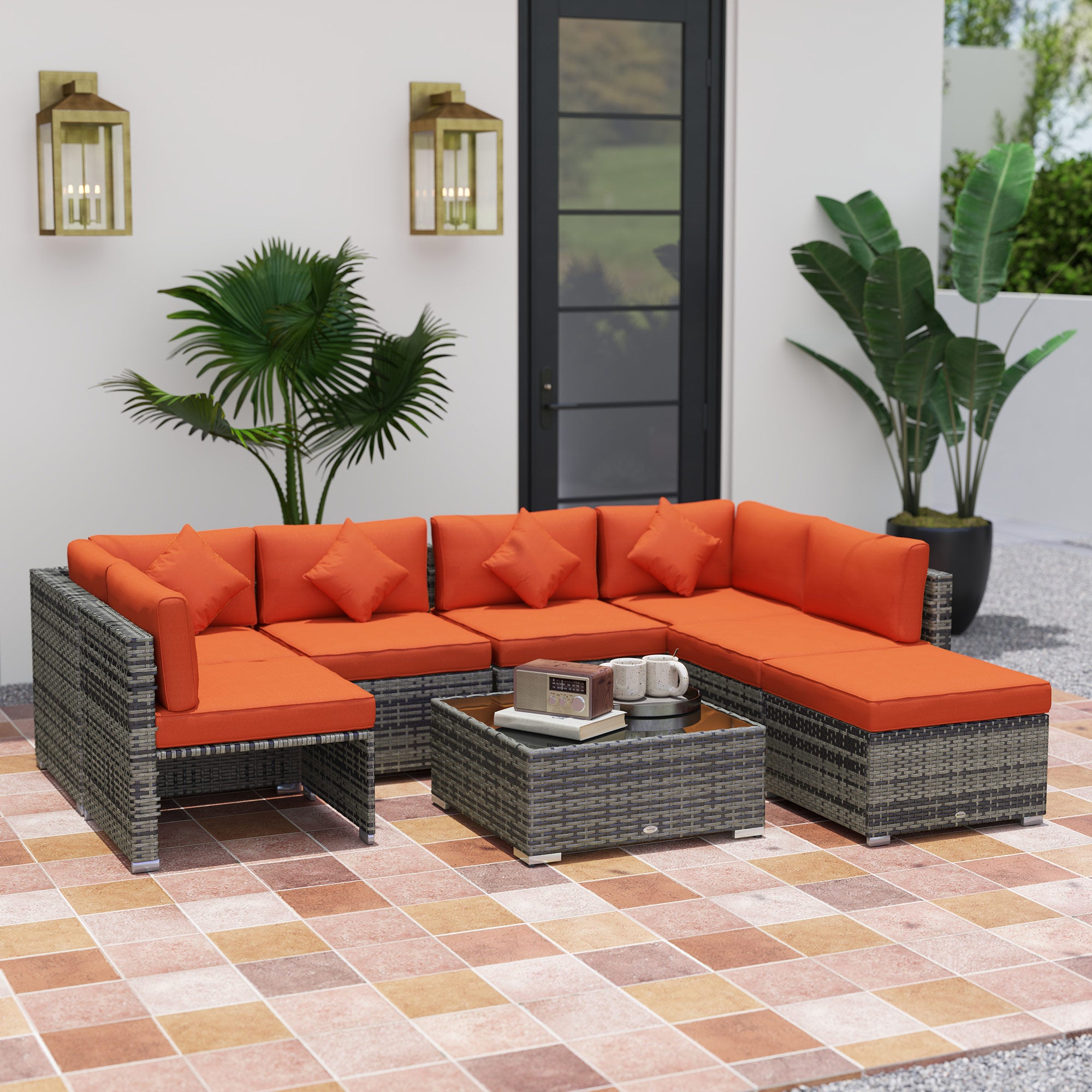 Outsunny Eight-Piece Rattan Sofa Set - Orange/Grey - North Peak Garden Furniture