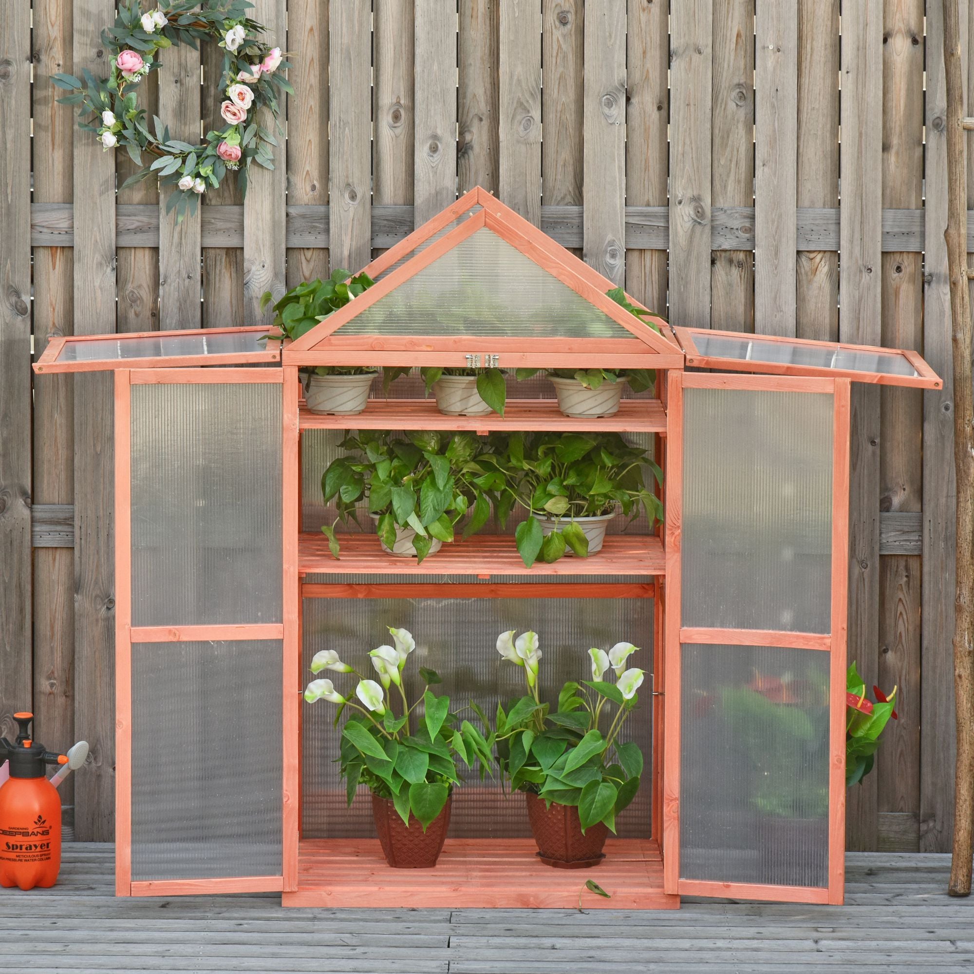 Outsunny Garden Cold Frame Polycarbonate Greenhouse with Adjustable Shelves, Double Doors, Openable Top Covers, Grow House for Flower Vegetable Plants, 80 x 47 x 138cm, Orange - North Peak Garden Furniture