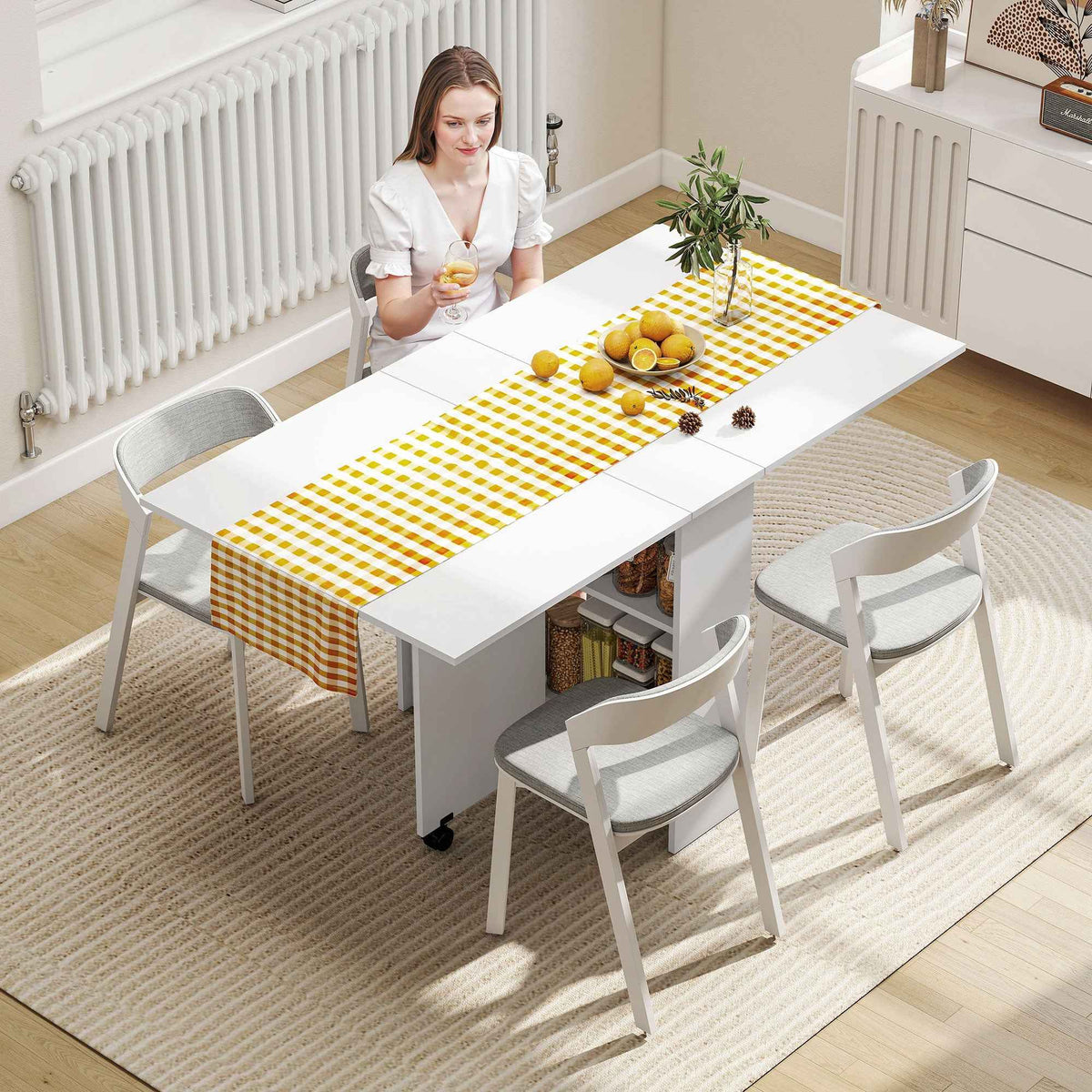 HOMCOM Folding Dining Table, Drop Leaf Table for Small Spaces with 2-tier Shelves, Small Kitchen Table with Rolling Casters, White