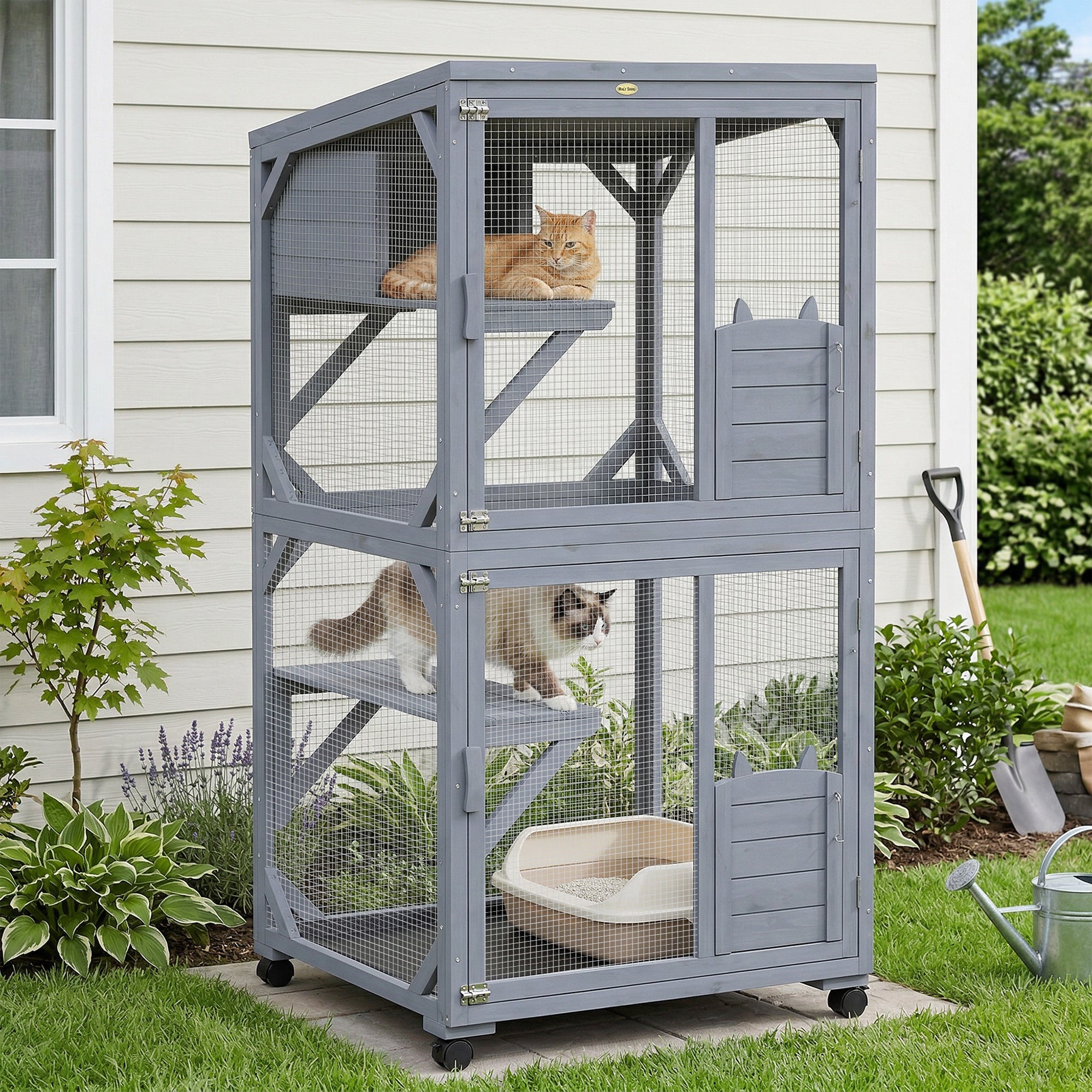 PawHut Movable Outdoor Catio with Resting Box, 3 Jumping Platforms, Waterproof Asphalt Roof for Outdoor Indoor