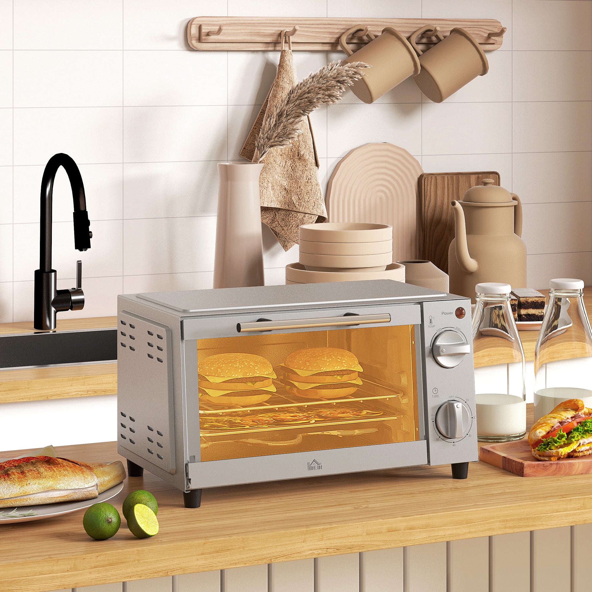 HOMCOM Mini Oven, 9L Countertop Electric Grill, Toaster Oven with Adjustable Temperature, Timer, Dishwasher Safe Baking Tray and Wire Rack, 750W, Silver - North Peak Garden Furniture