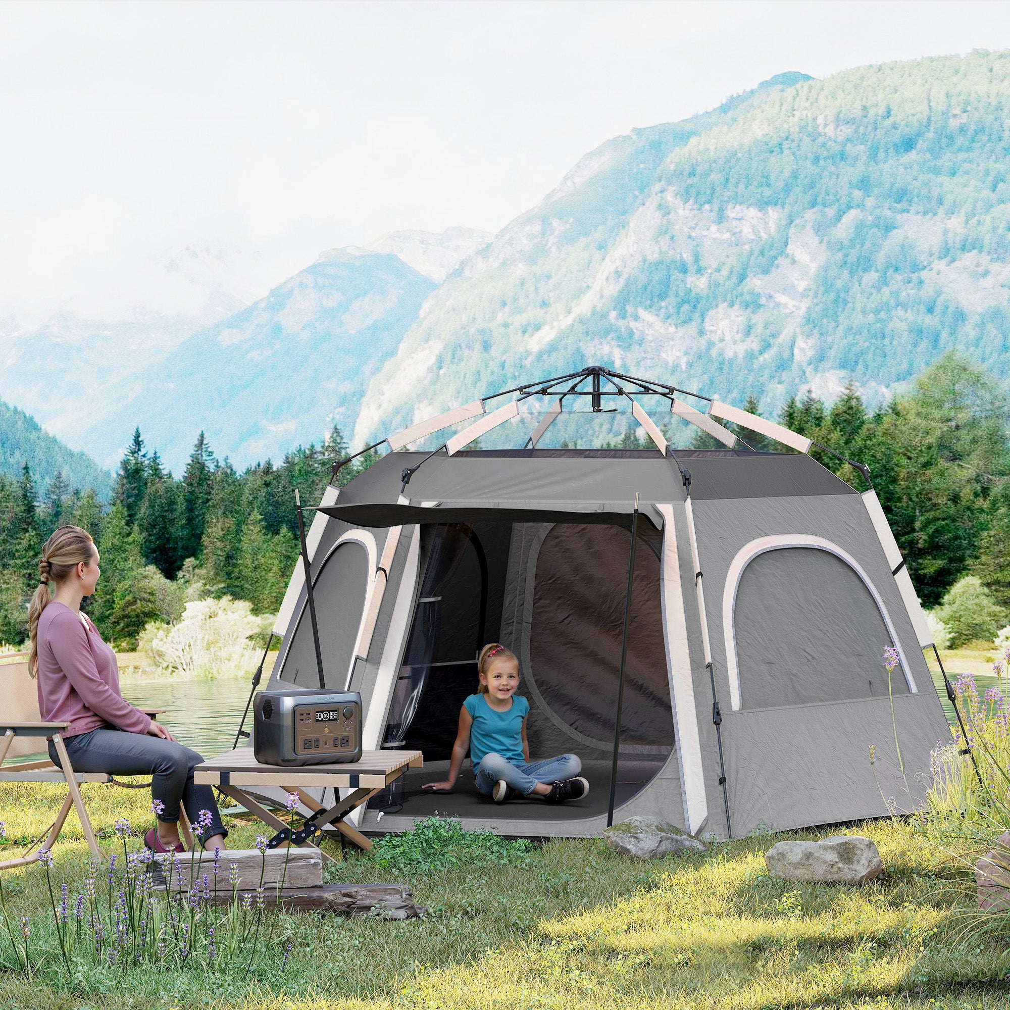 Outsunny Instant Camping Tent, 2/3/4 Person Easy Setup Family Tent with Vestibule, Rainfly, 4 Mesh Windows & 2 Doors, Hexagonal Design, Waterproof UV Protected Dome Tent, Dark Grey - North Peak Garden Furniture