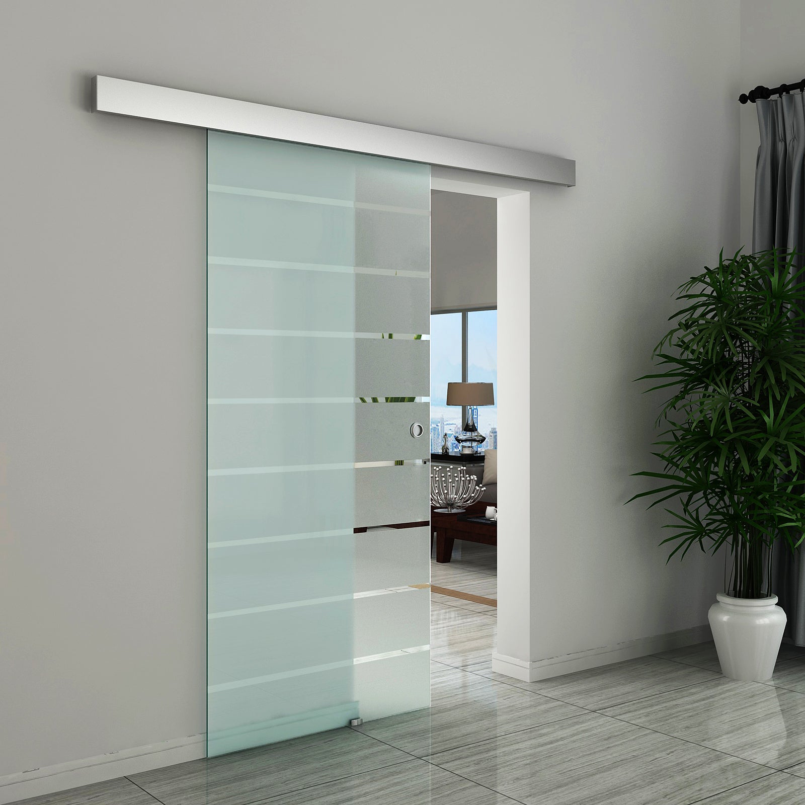 HOMCOM 90cm Sliding Glass Door Set Include Hardware Track Kit, Frosted Tempered Glass with Stripe Pattern, Round Handle - North Peak Garden Furniture