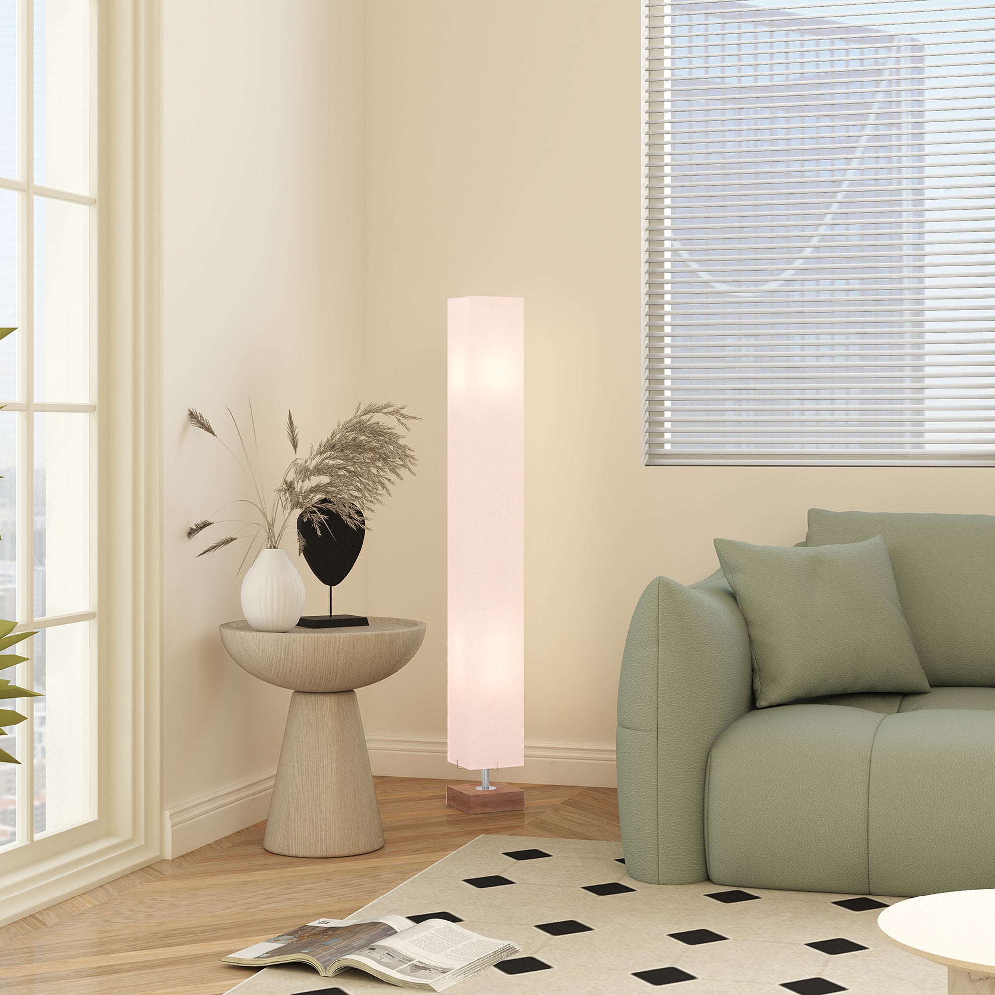 HOMCOM 120cm Tall Linen Floor Lamp w/ Wood Base Steel Frame 2 Bulbs Home Lighting Soft Atmospheric Stylish Modern Bedroom Land Cream - North Peak Garden Furniture