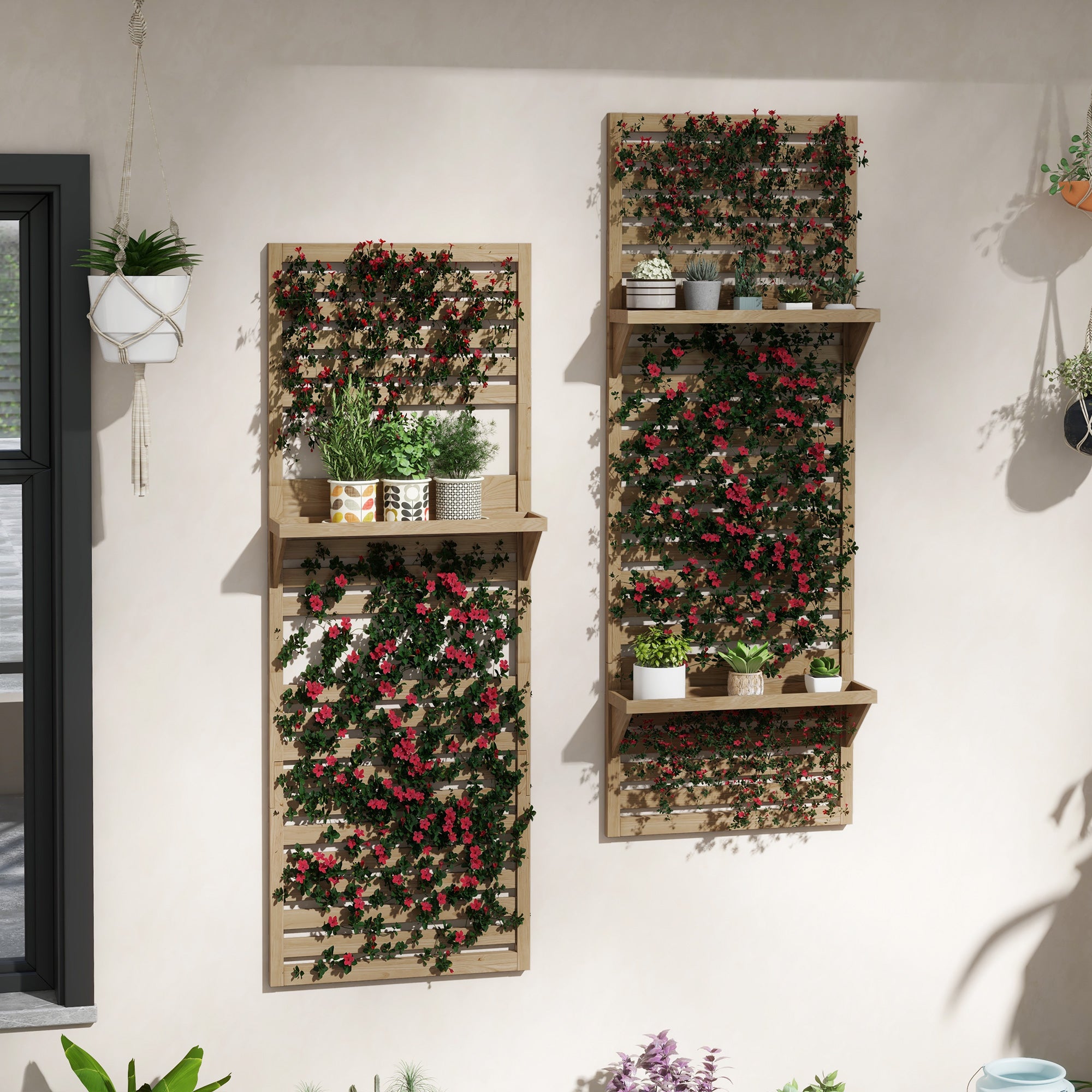 Outsunny Wall Mounted Plant Stands Set of 2, Fir Wood Flower Stand with Shelves and Slatted Trellis for Patio, Balcony, Porch - North Peak Garden Furniture