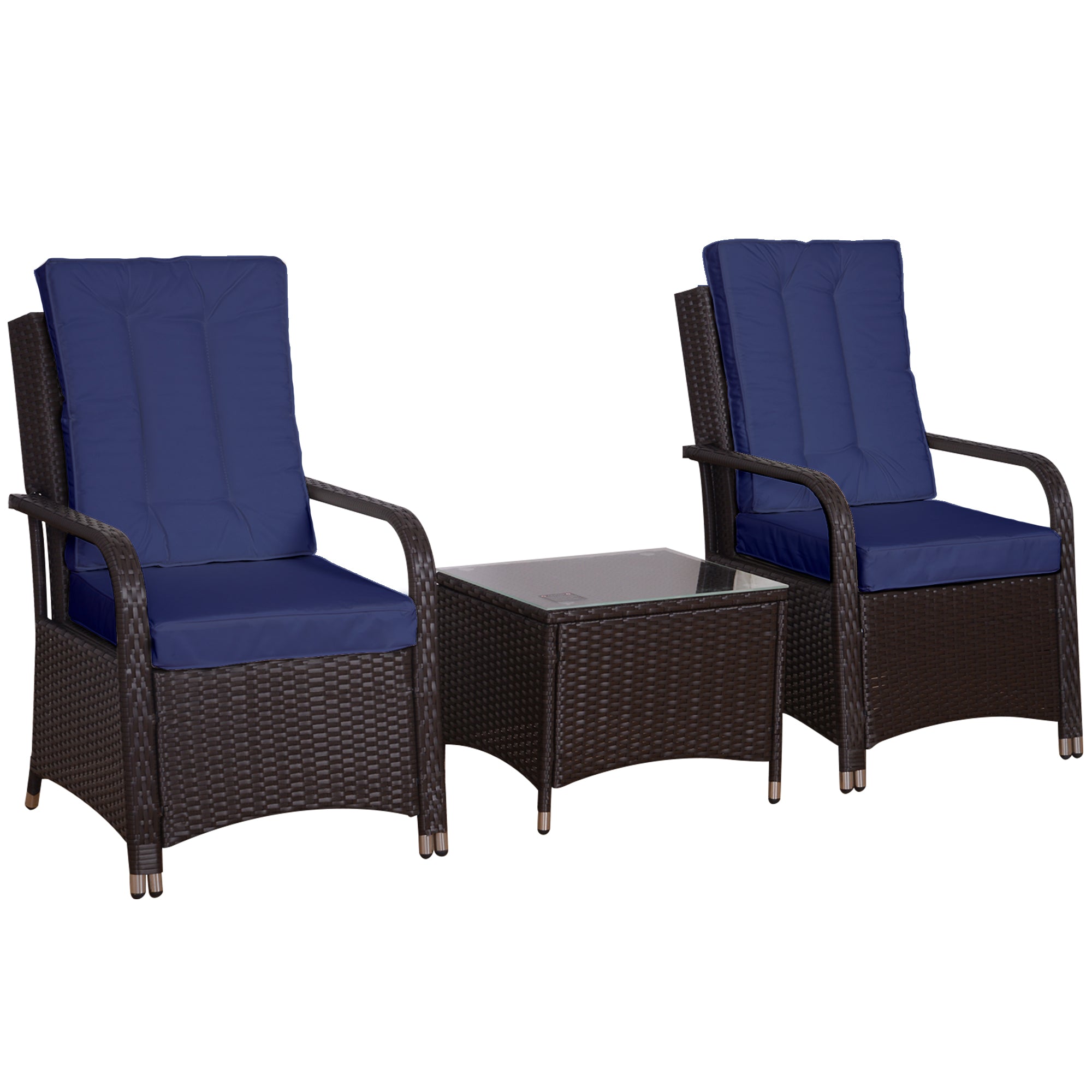 Outsunny 3 Pieces Rattan Bistro Set with Furniture Cover, Wicker Garden Furniture Set, Glass Top Coffee Table and Chairs with Cushions for Outdoor, Patio, Balcony, Dark Blue - North Peak Garden Furniture