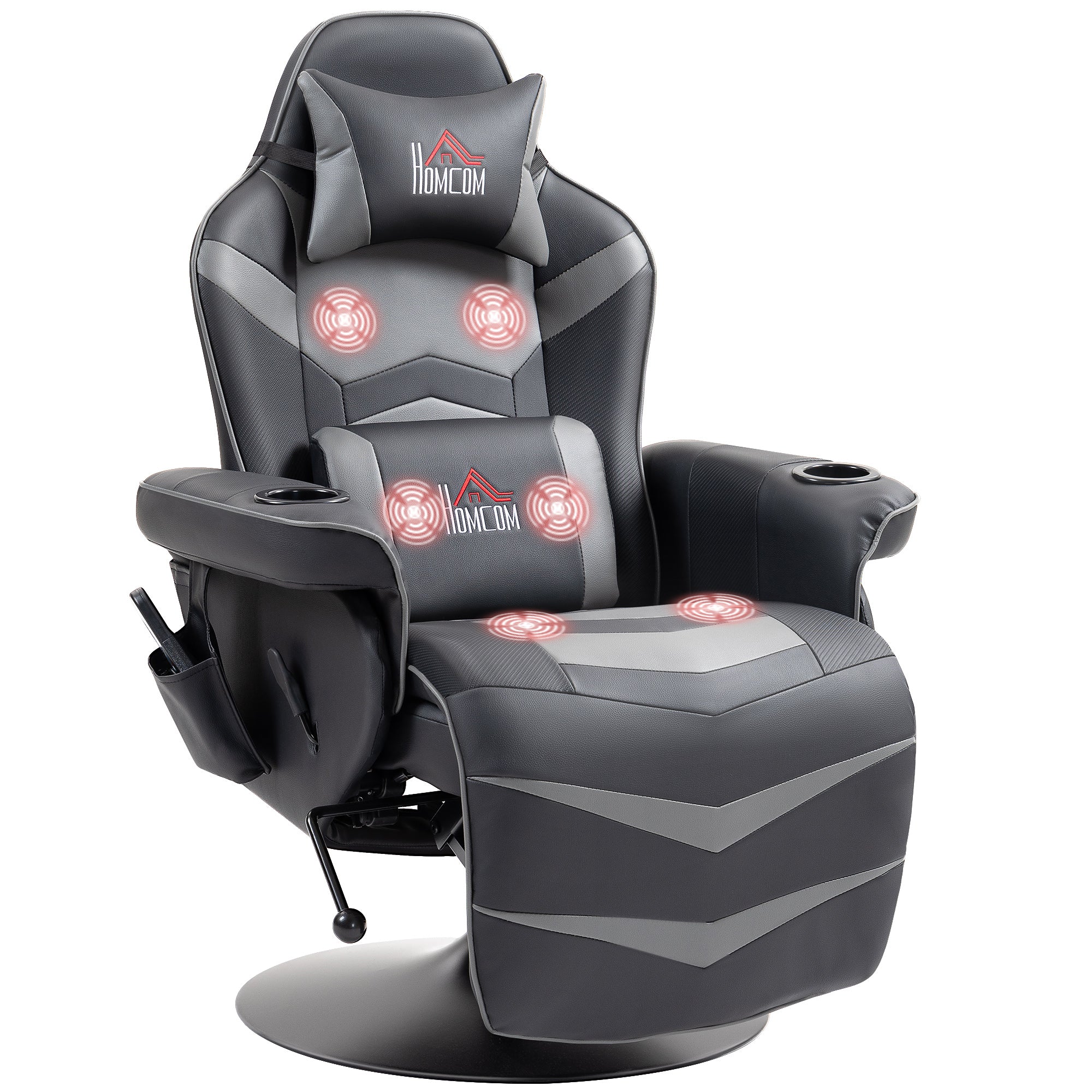 HOMCOM Massage Recliner Chair with Remote, PU Leather Recliner Armchair with Cup Holders and Side Pockets, Racing Style Reclining Chair with Headrest, 360° Swivel, Lumbar Support, Grey - North Peak Garden Furniture