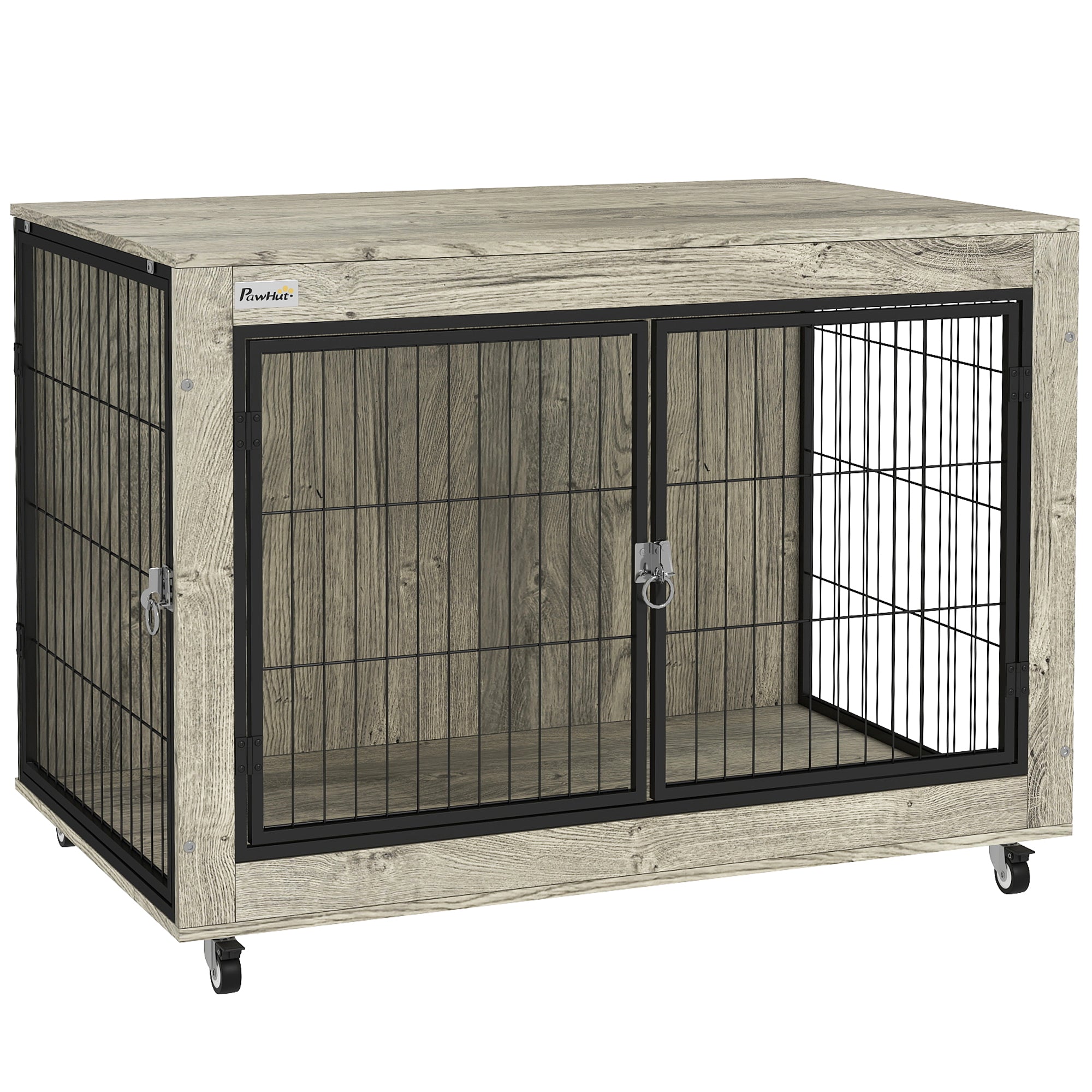 PawHut Dog Crate Furniture with Wheels, Double Doors, for Large Dogs, 100 x 60 x 73.5cm, Grey - North Peak Garden Furniture