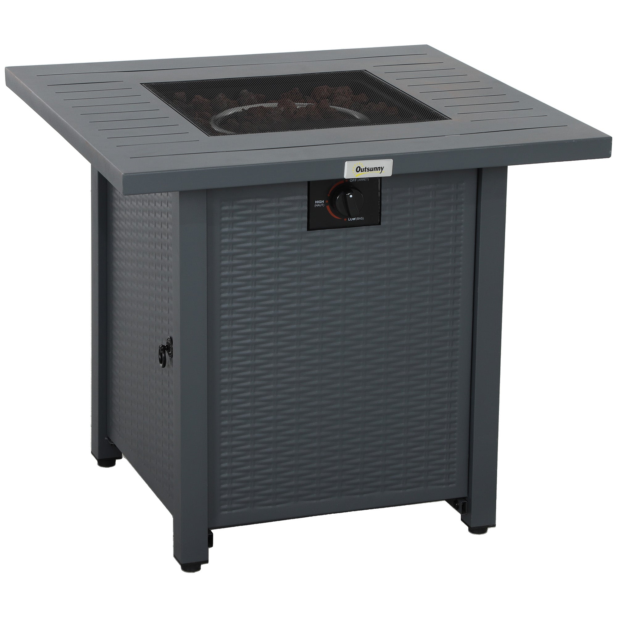 Outsunny Rattan-style Propane Gas Fire Pit Table with 40,000 BTU Burner, Square Smokeless Firepit Patio Heater with Thermocouple, Lava Rocks, Waterproof Cover, Spark Guard and Lid, Grey - North Peak Garden Furniture