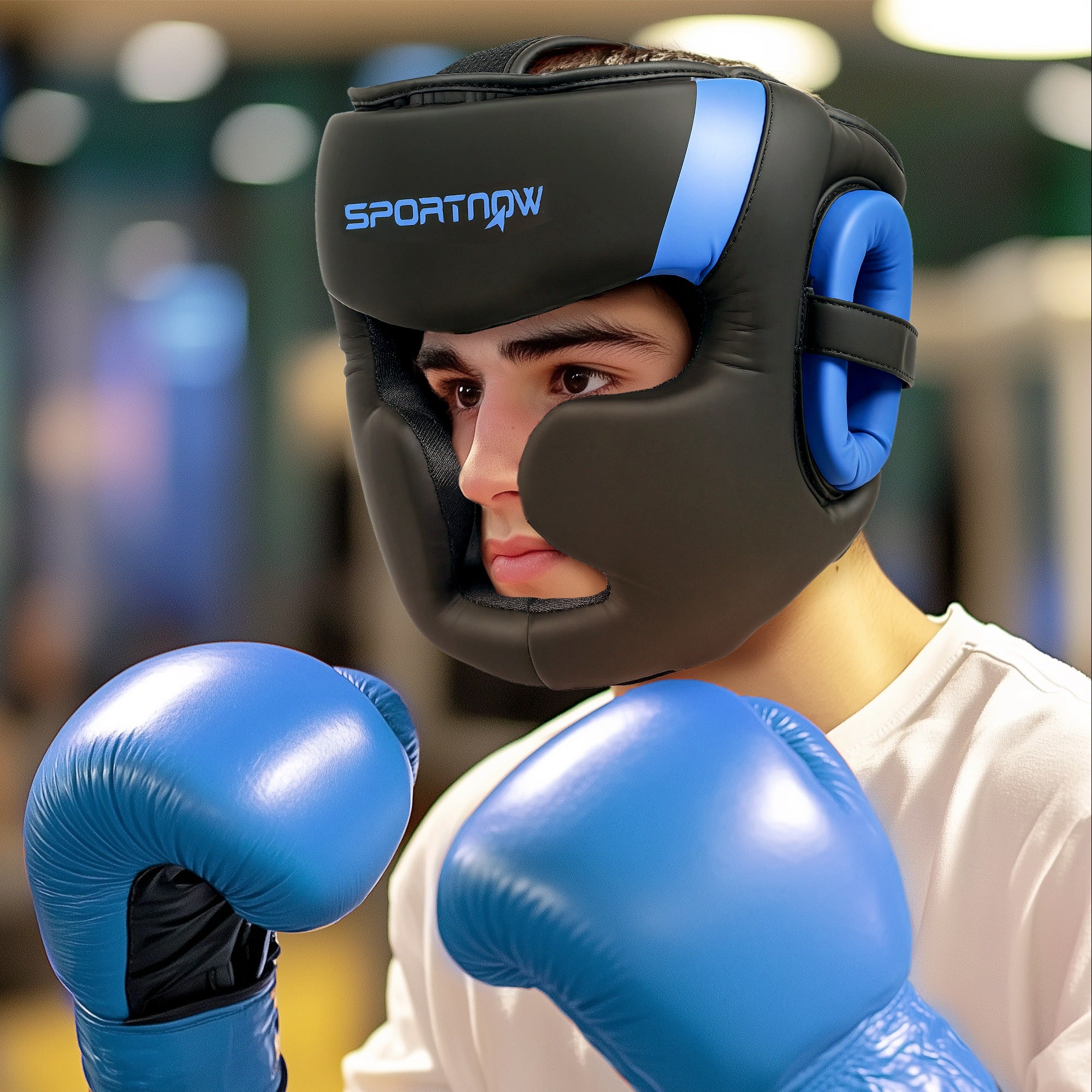 SPORTNOW Boxing Headguard, Boxing Headgear Helmet with Adjustable Strap for Full Face Protection for Kickboxing Sparring Martial Arts Karate Taekwondo, Blue - North Peak Garden Furniture