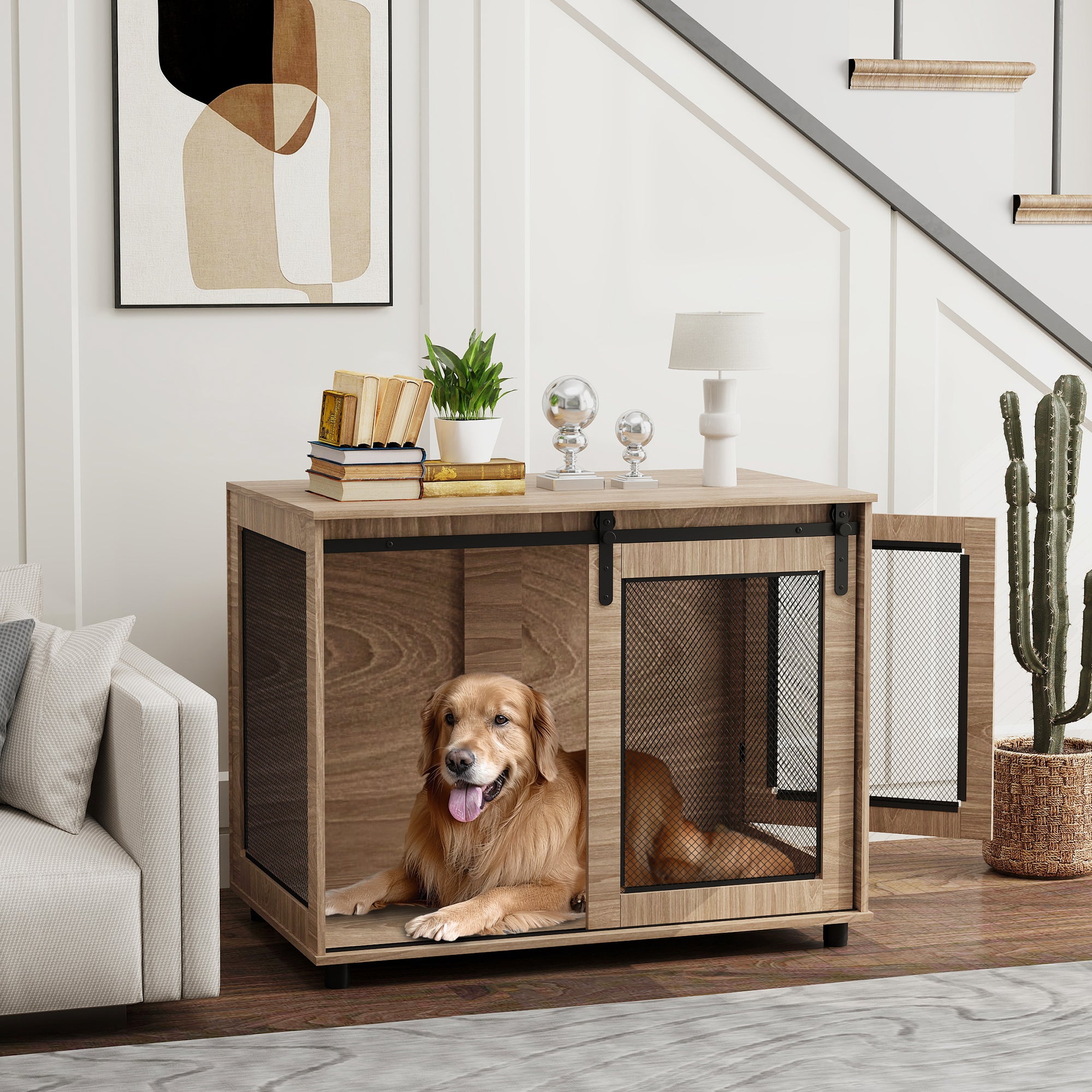 PawHut Dog Crate Furniture with Sliding Door for Large Dogs, 98 x 60 x 78cm, Walnut Brown - North Peak Garden Furniture