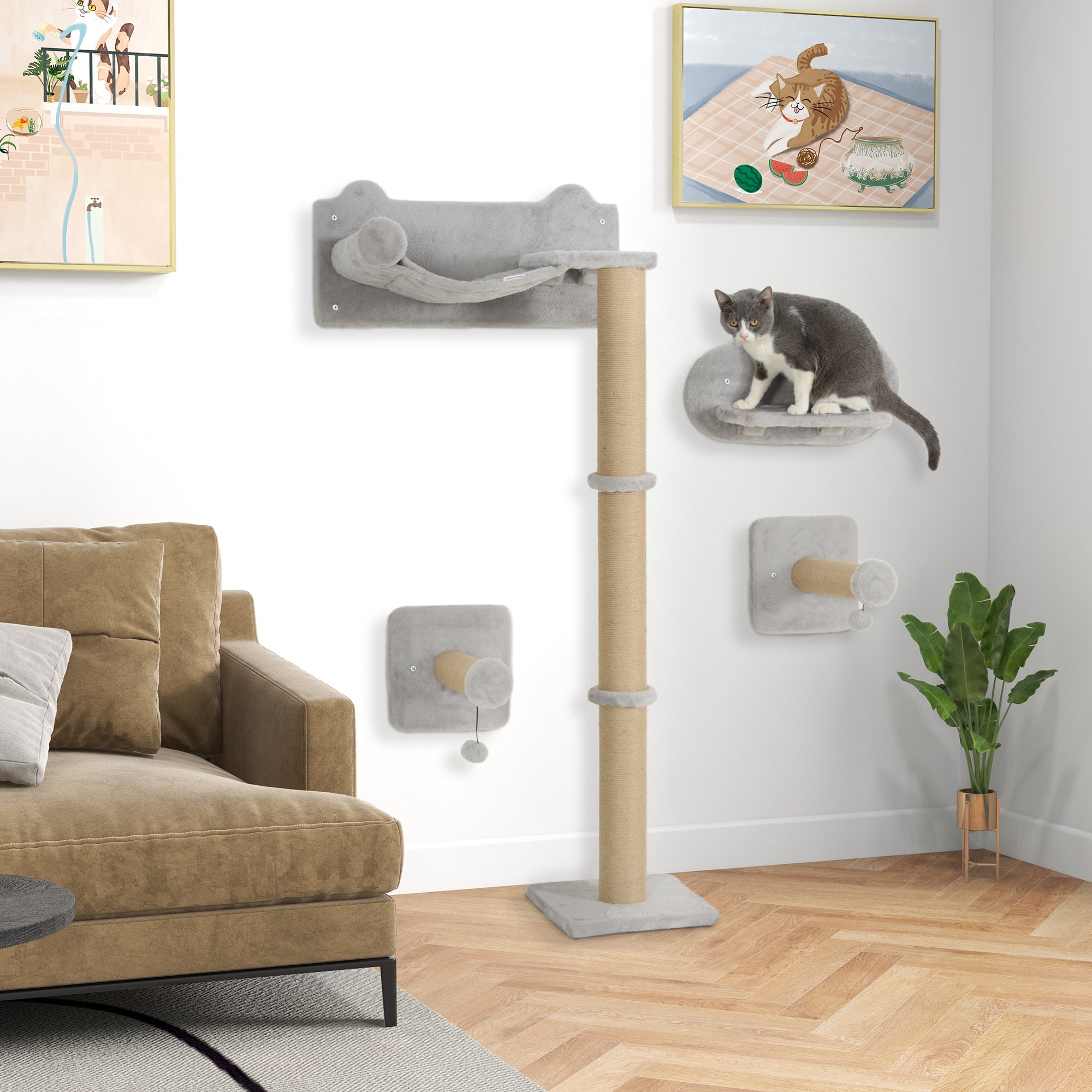 PawHut 4-Piece Cat Shelves w/ Scratching Post, Steps, Jumping Platform, Ladder, Toy Balls, for Indoor Cats, Light Grey - North Peak Garden Furniture