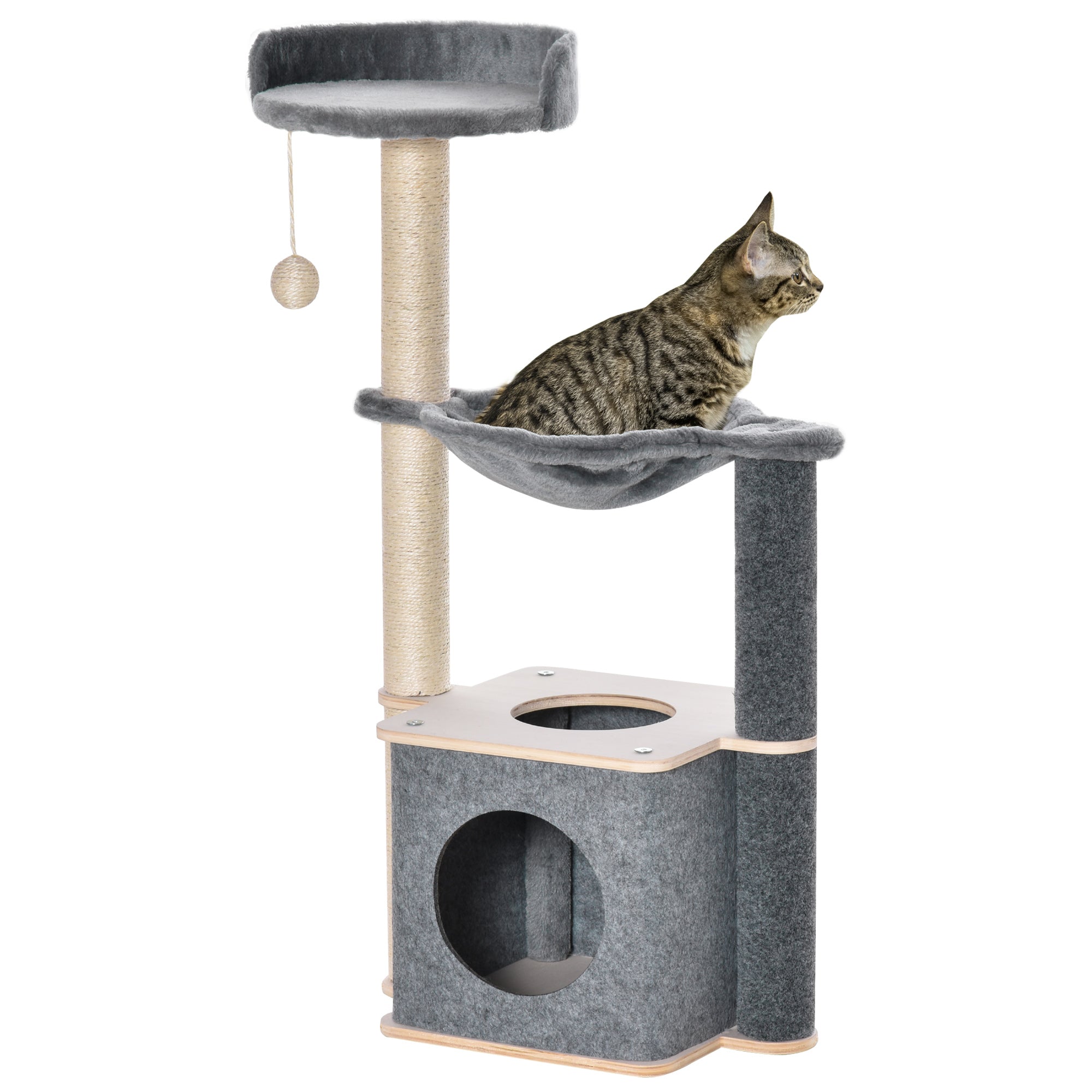 PawHut Cat Tree for Indoor Cats 95cm Climbing Tower Kitten Activity Center with Sisal Scratching Post Perch Roomy Condo Hammock Removable Felt Hanging Toy, Grey - North Peak Garden Furniture