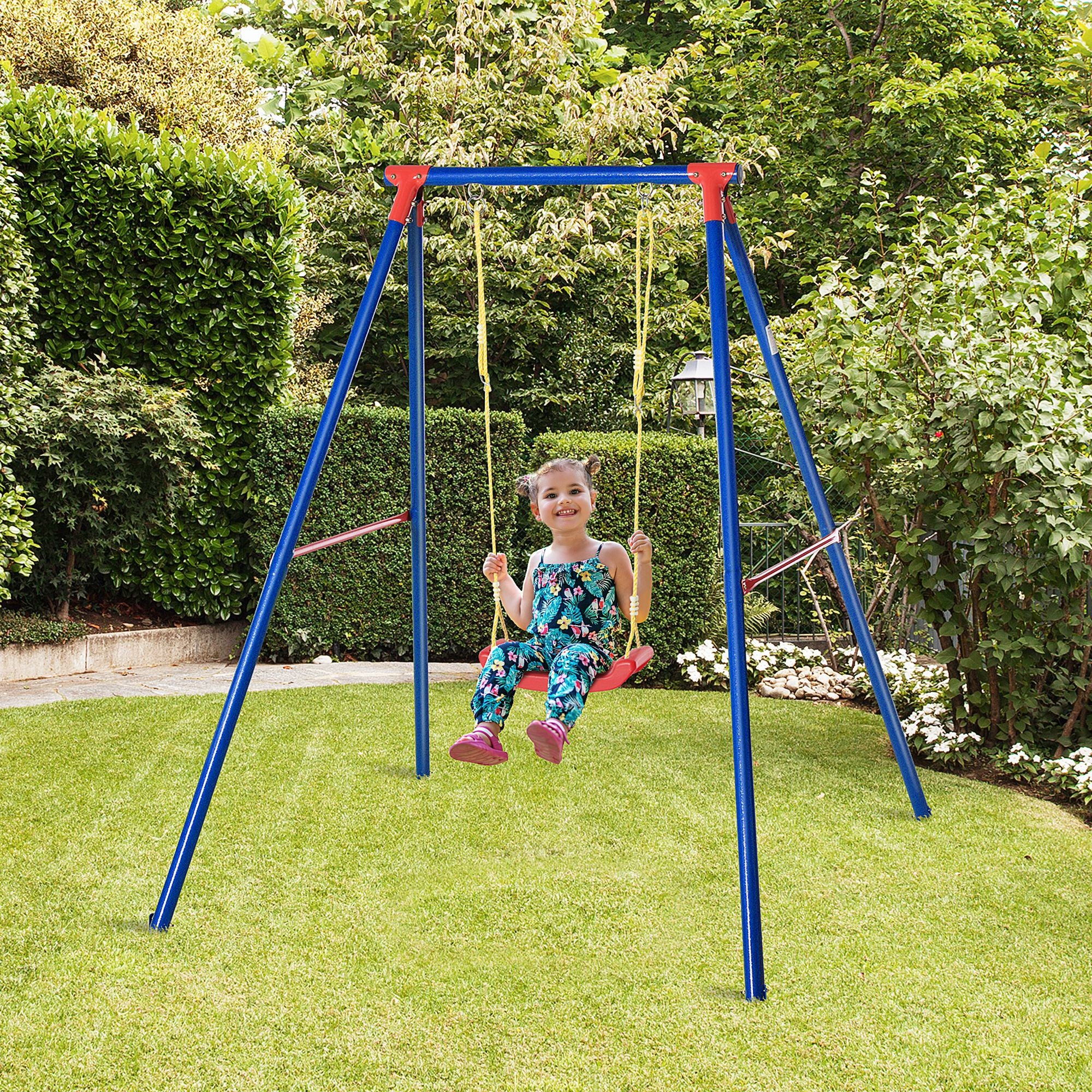 Outsunny Kids Swing Set Toddler Swing Adjustable Rope Heavy Duty A-Frame Stand Outdoor Playset for 3-8 Years Old Blue - North Peak Garden Furniture