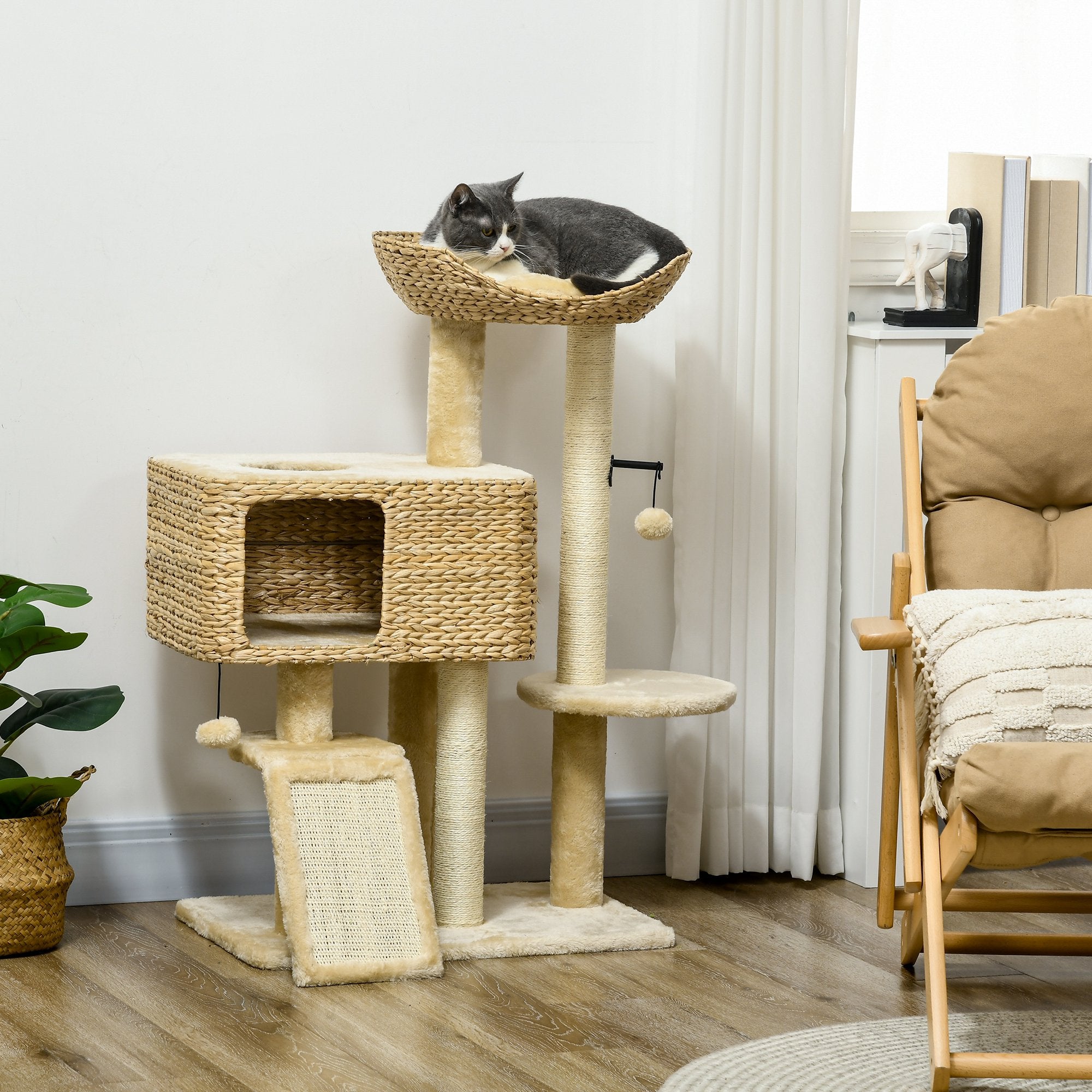 PawHut 95cm Cat Tree Tower for Indoor Cats, with Scratching Post, Cat House, Toy Ball, Platform - Beige - North Peak Garden Furniture