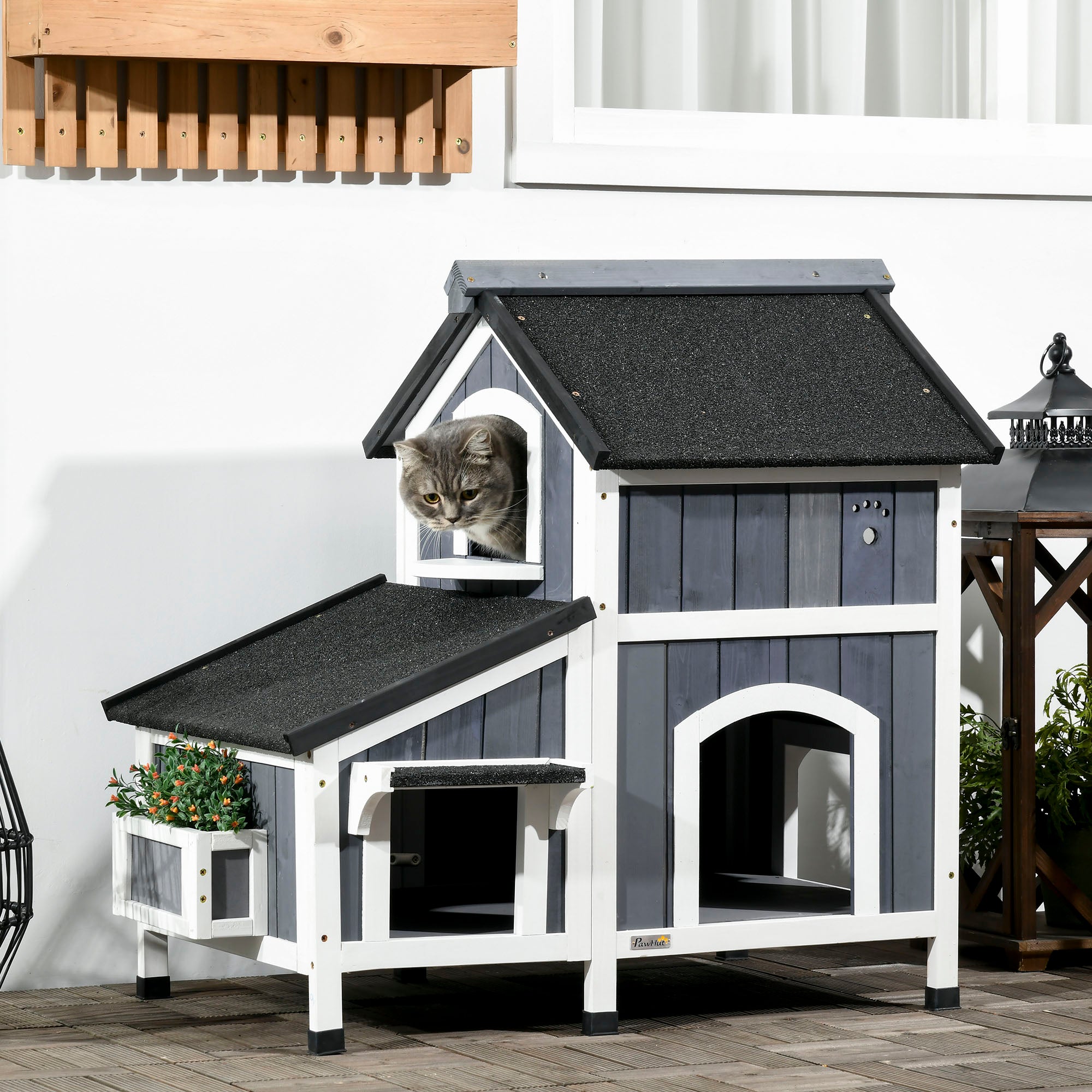PawHut Wooden Outdoor Cat House with Flower Pot, Windows, Multiple Entrances, Water-Resistant Roof - Grey - North Peak Garden Furniture