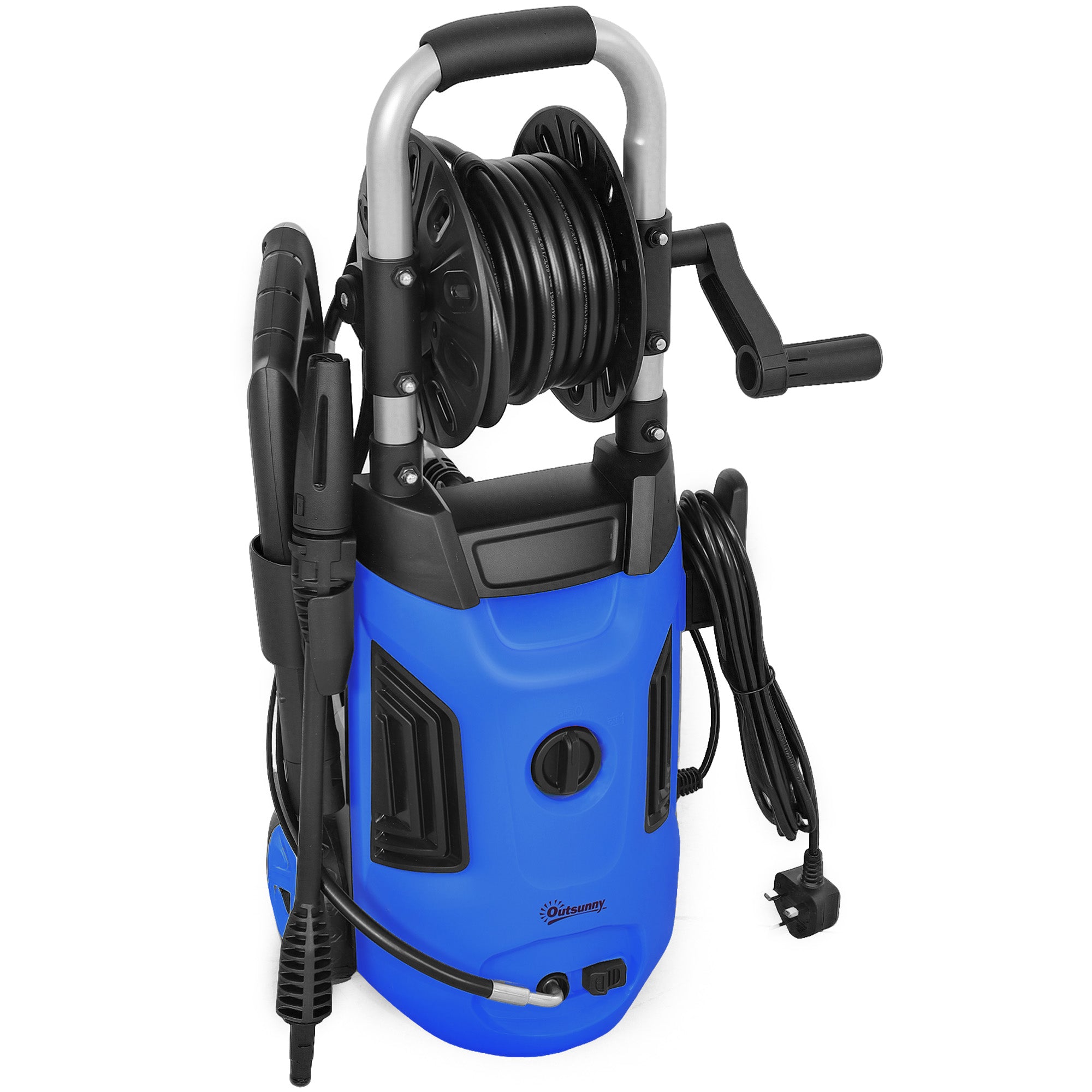 Outsunny 1800W High Pressure Washer, 150 Bar Pressure, 420 L/h Flow, Portable Power Washer Jet Wash Cleaner with Adjustable Nozzle, 6M Hose, Hose Reel, Steel Handle for Home Patio Car Driveway, Blue