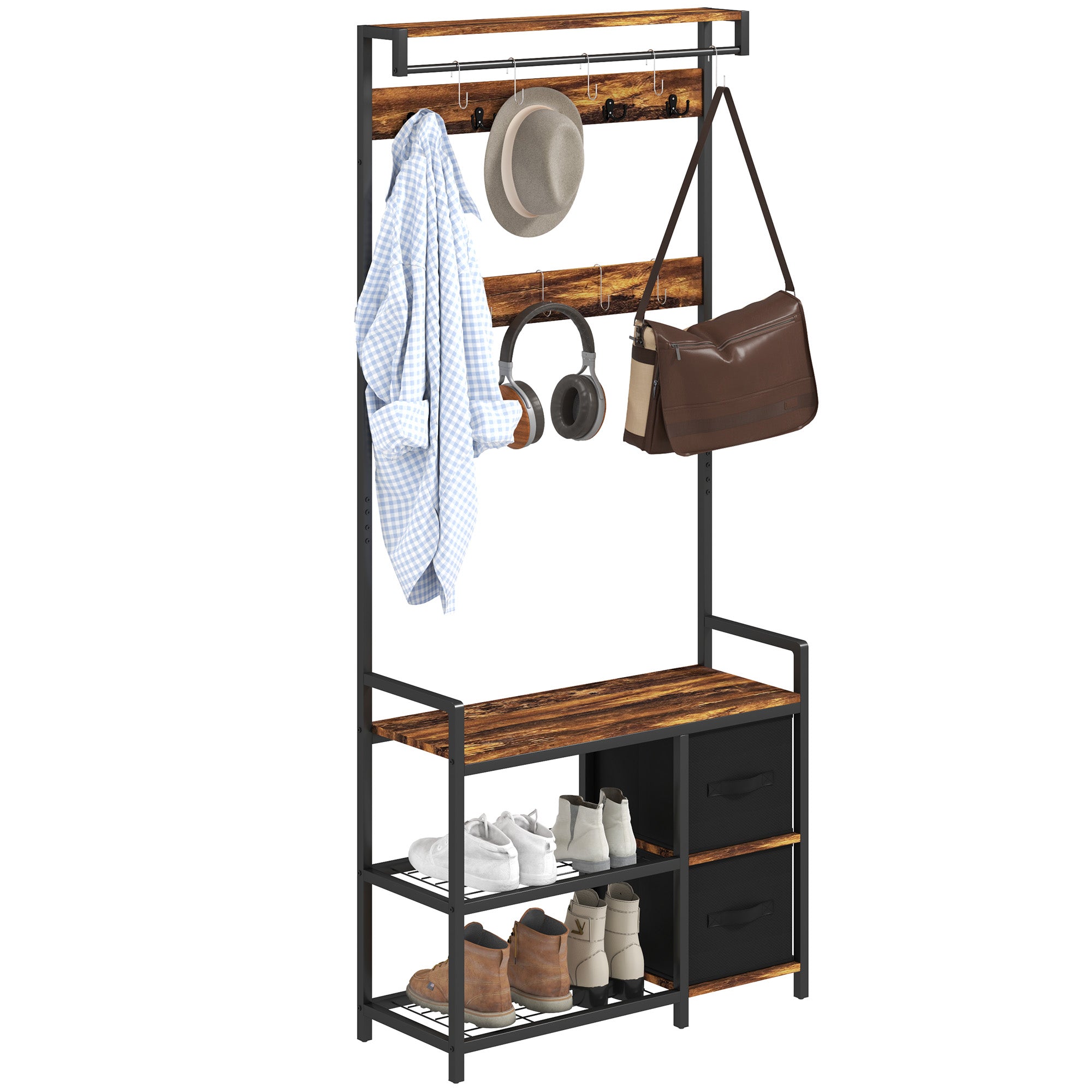 HOMCOM Coat Rack with Bench and Shoe Storage, 4-in-1 Coat Stand with 15 Coat Hooks, 2 Fabric Drawers for Hallway, Living Room, Bedroom, Rustic Brown - North Peak Garden Furniture