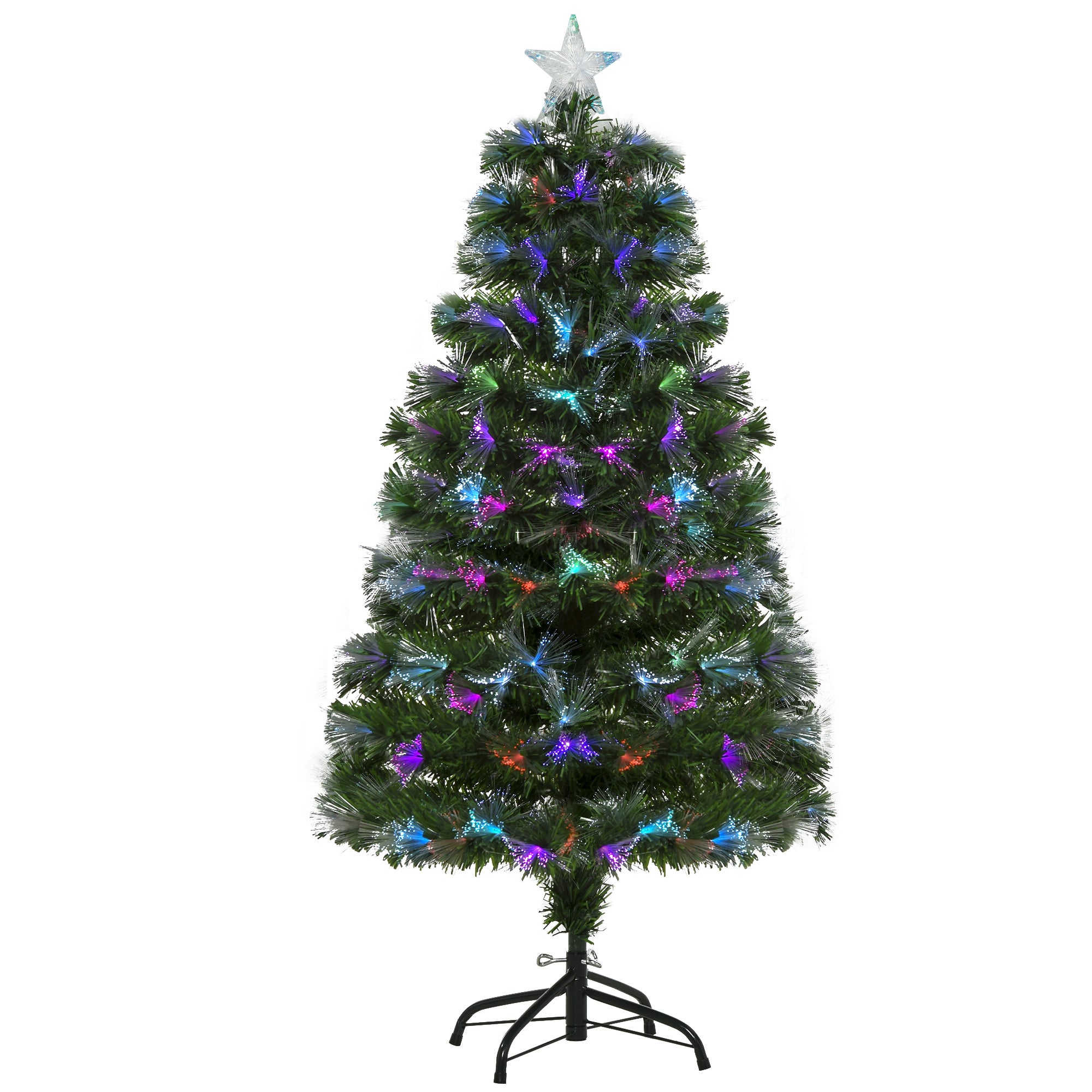 HOMCOM 4FT Multicoloured Artificial Christmas Tree w/ Fibre Optic Lights Pre-Lit Modes Metal Stand Star Holder Home Seasonal Decoration - North Peak Garden Furniture
