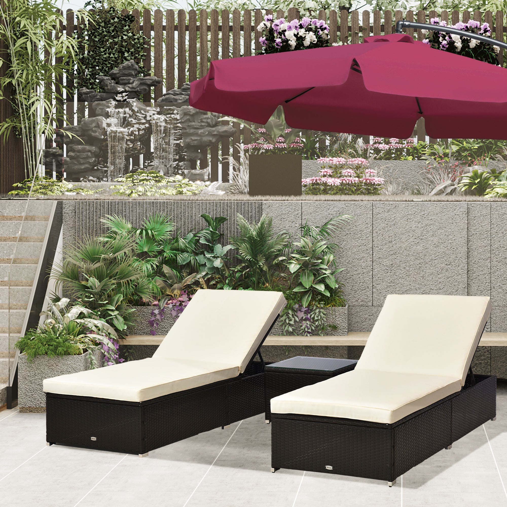 Outsunny 2-Seater Rattan Lounger Set-Deep Coffee/Cream White - North Peak Garden Furniture