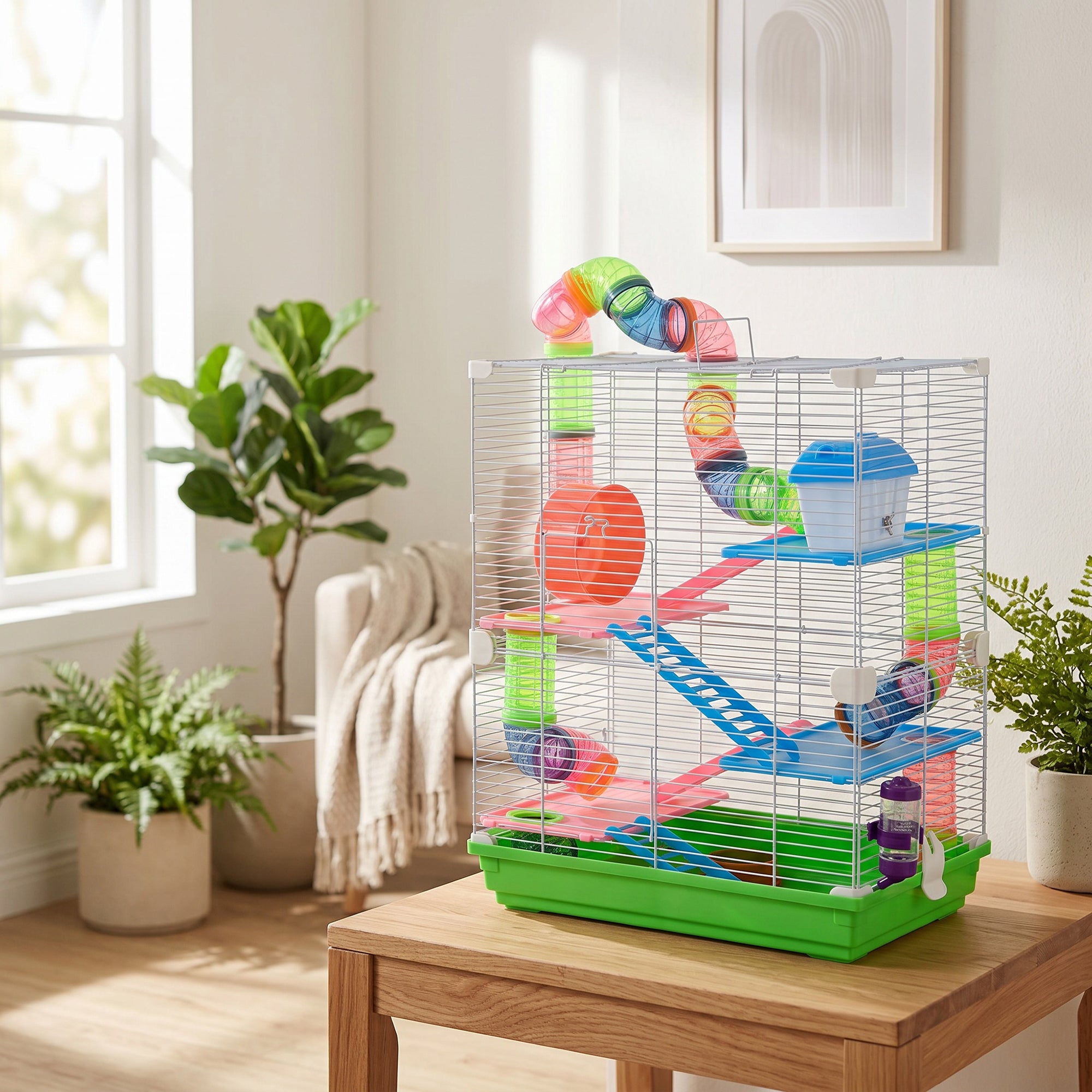 Pawhut 5 Tier Hamster Cage Carrier Habitat Small Animal House with Exercise Wheels Tunnel Tube Water Bottle Dishes House Ladder for Dwarf, Green