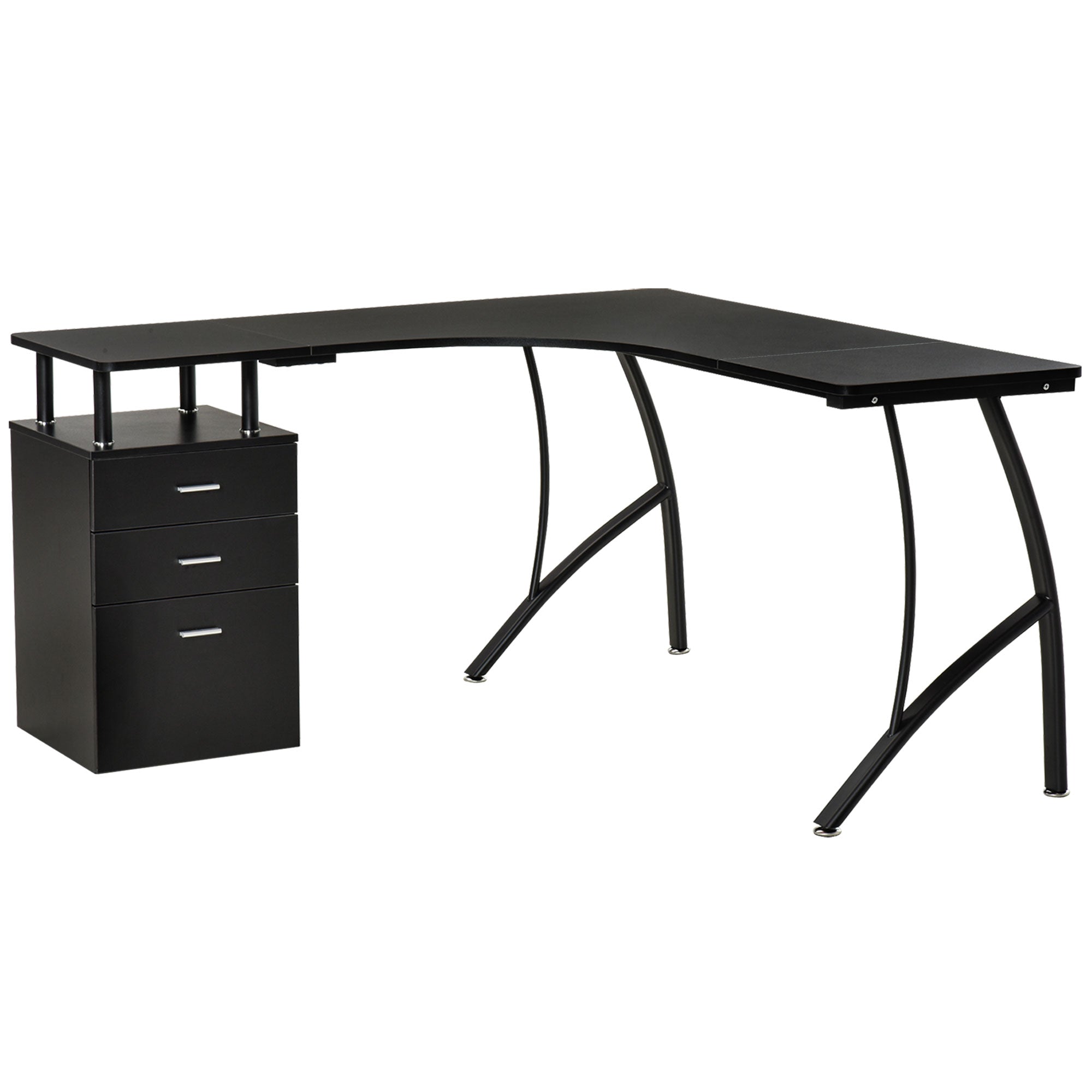 HOMCOM L-Shaped Computer Desk Table with Storage Drawer Home Office Corner Industrial Style Workstation for A4 Files 152 x 143.5 x 76cm, Black - North Peak Garden Furniture