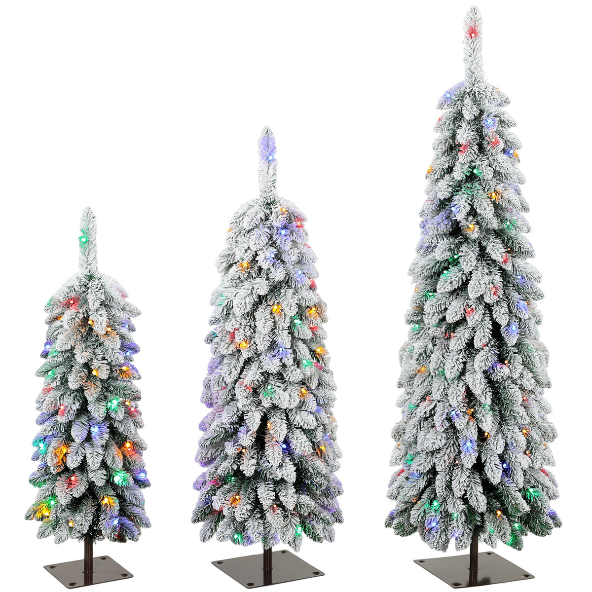 HOMCOM Artificial Christmas Tree Set of 3, Snowy Pre-Lit Christmas Tree with PVC Branch Tips, 90/120/150 cm, Green White