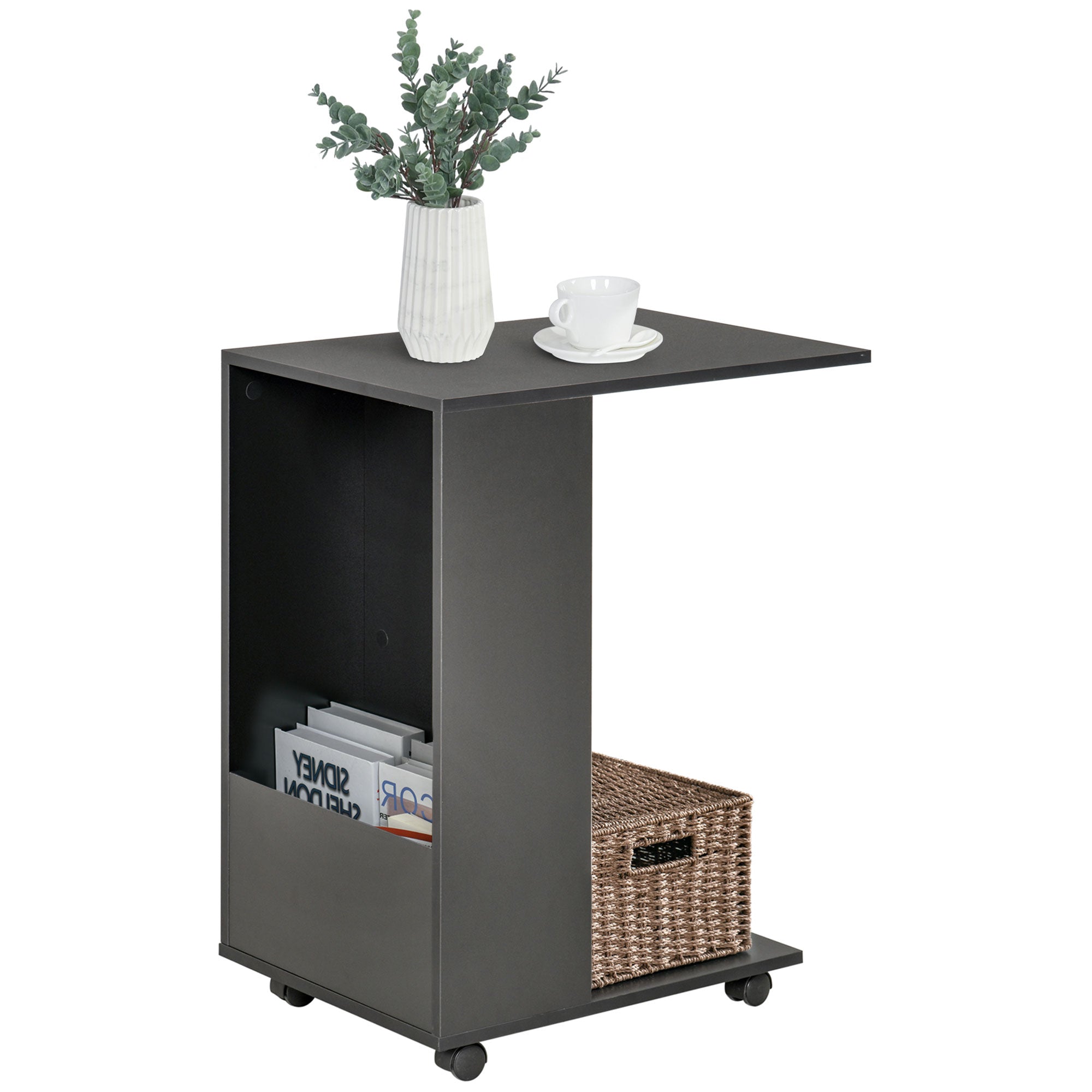 HOMCOM Mobile Sofa Side Table C-Shape End Table with Storage and Casters for Laptop Coffee Snack, Black - North Peak Garden Furniture