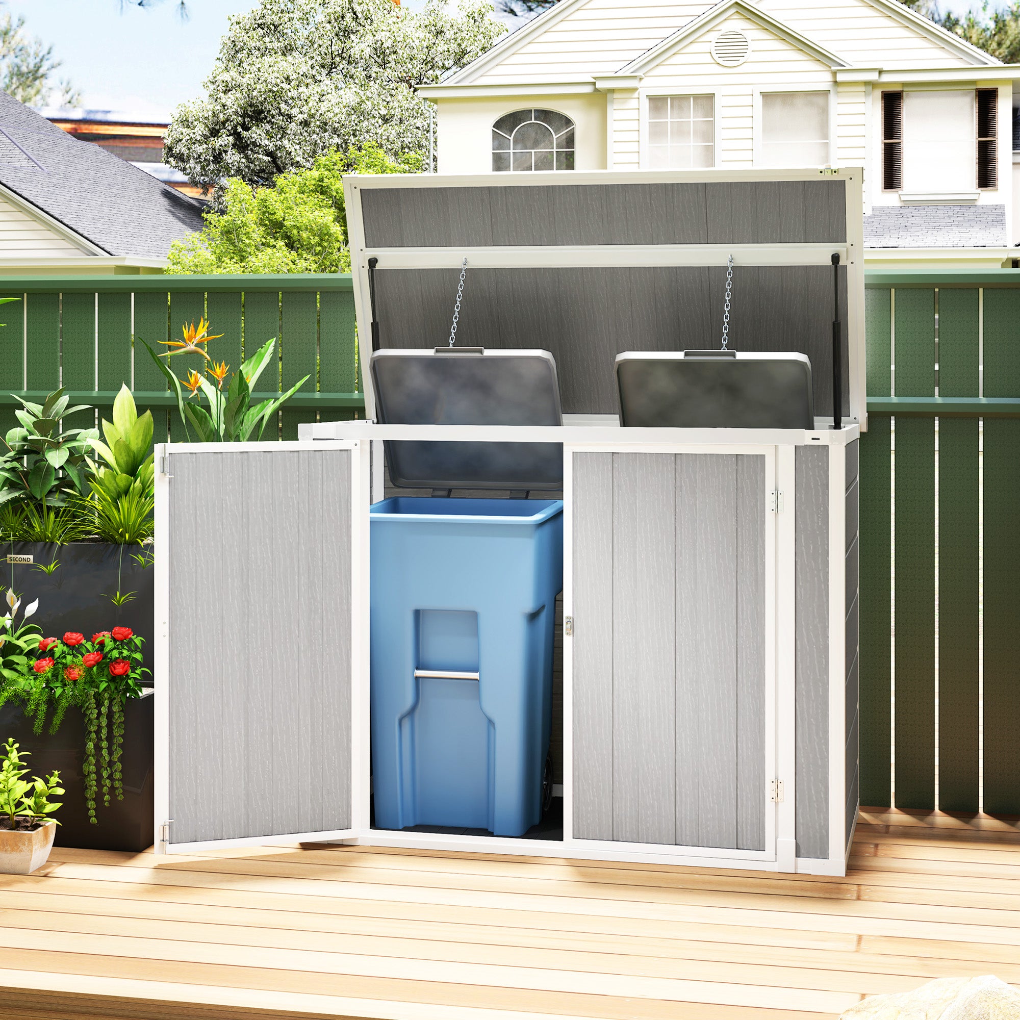 Outsunny 4.7 x 2.5FT Garden Shed, Lockable Outdoor Storage Shed with Openable Lid, Small Shed for 2 Trash Cans, Tools, Patio, Light Grey - North Peak Garden Furniture