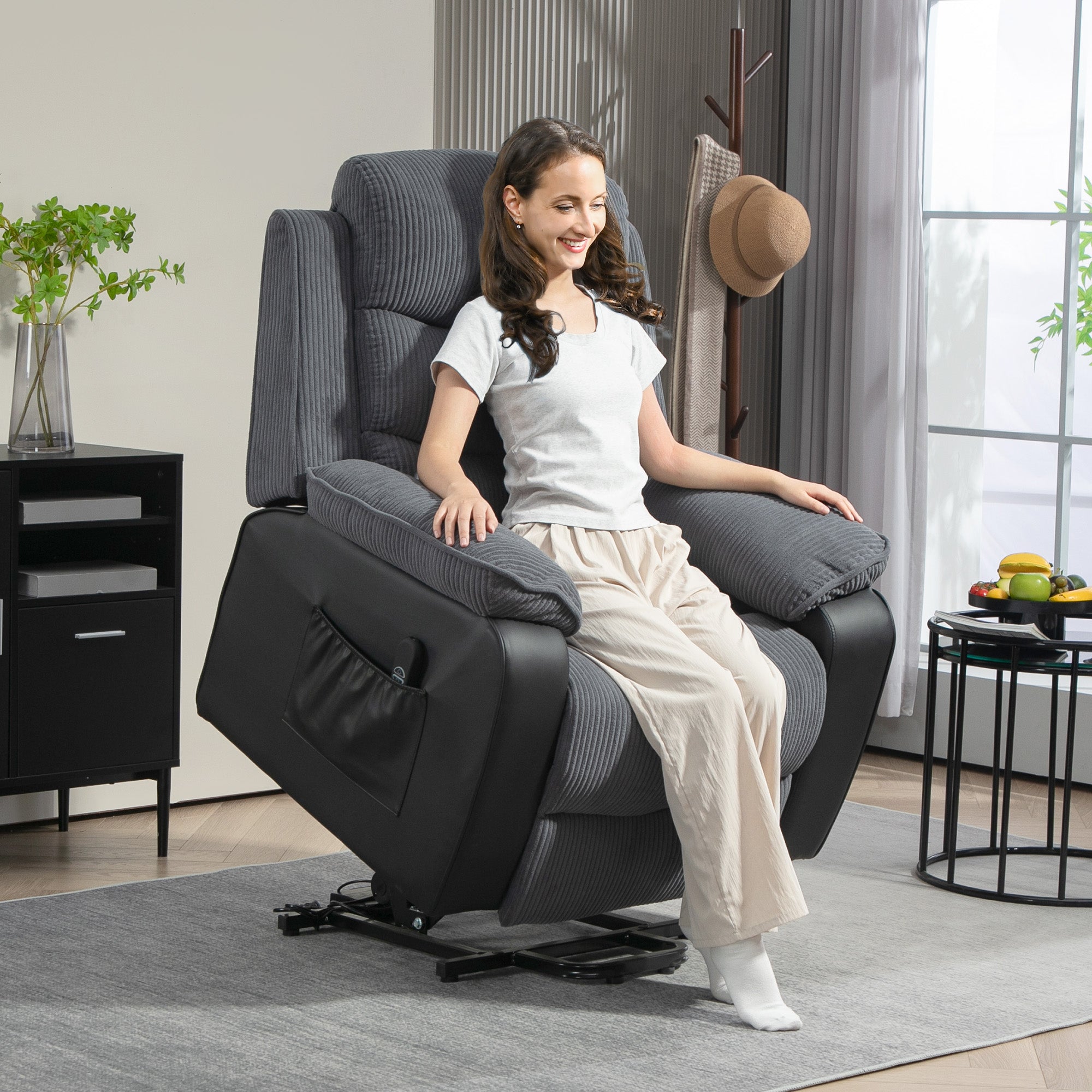 HOMCOM Power Lift Recliner Chair for Elderly, Patchwork Design Oversized Electric Riser and Recliner Armchair for Living Room with Remote Control and 2 Side Pockets, Dark Grey - North Peak Garden Furniture
