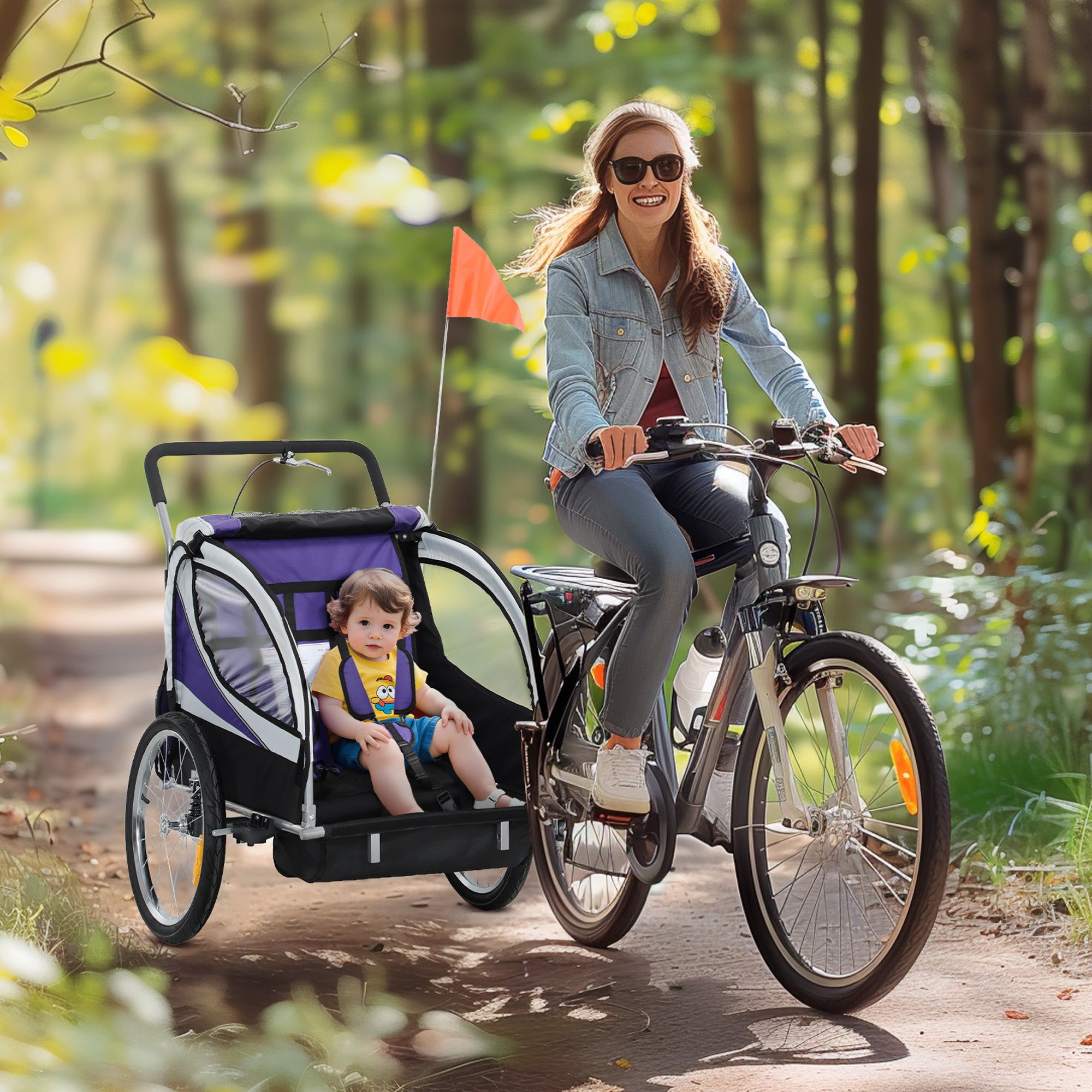 HOMCOM Baby Bike Trailer with 5 Point Harness, Steel Frame, Reflectors, Safety Flag, Hitch Coupler, Purple - North Peak Garden Furniture