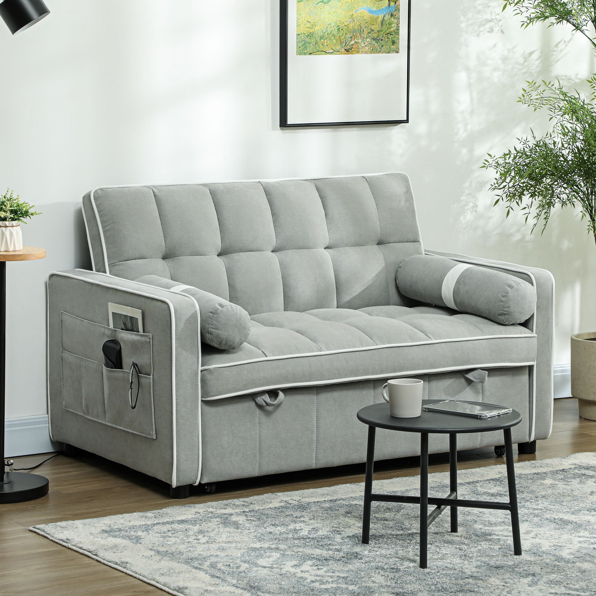 HOMCOM Two-Seater Linen-Look Sofa Bed - Light Grey - North Peak Garden Furniture