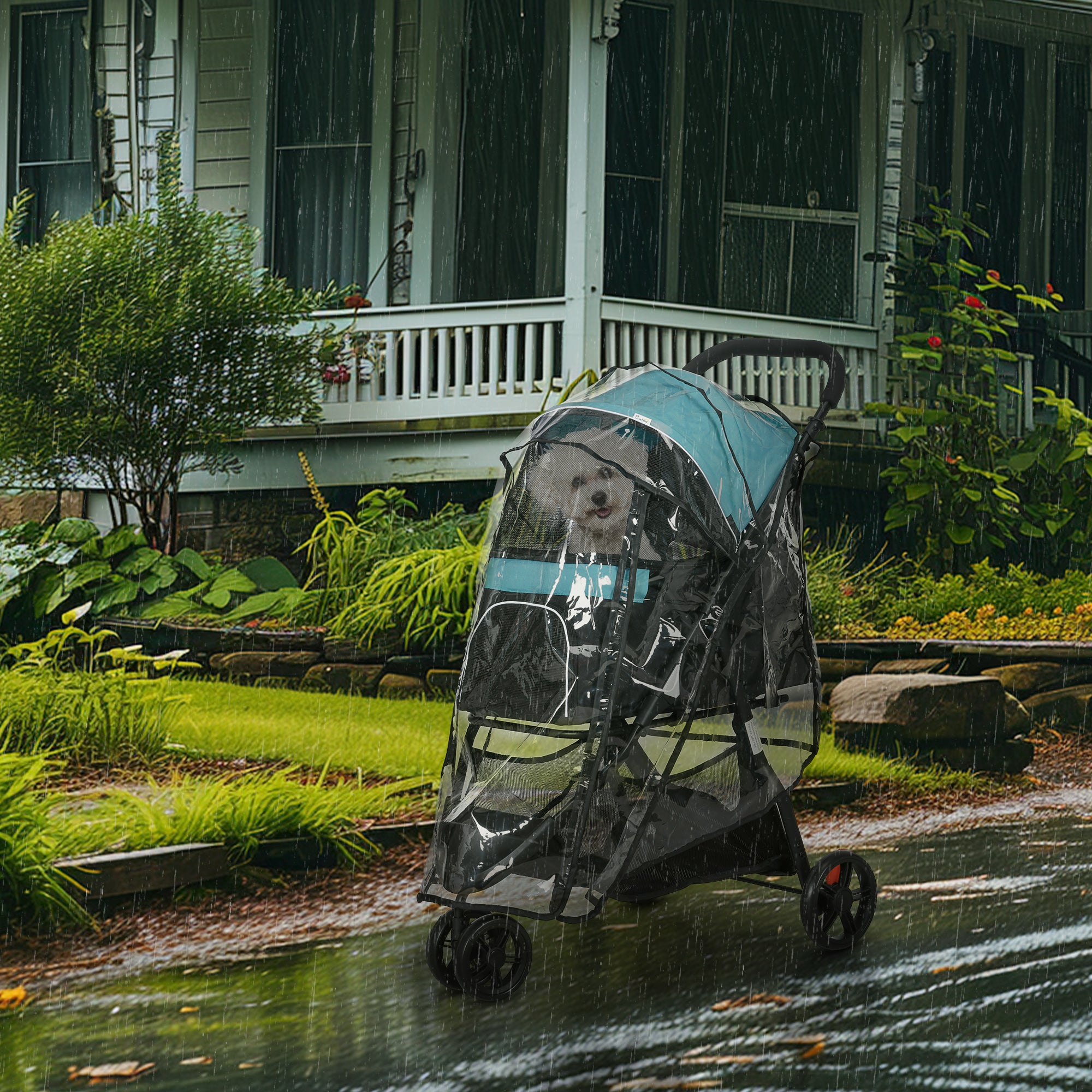 PawHut Foldable Pet Stroller w/ Rain Cover, for XS Dogs, S Dogs - Dark Green - North Peak Garden Furniture