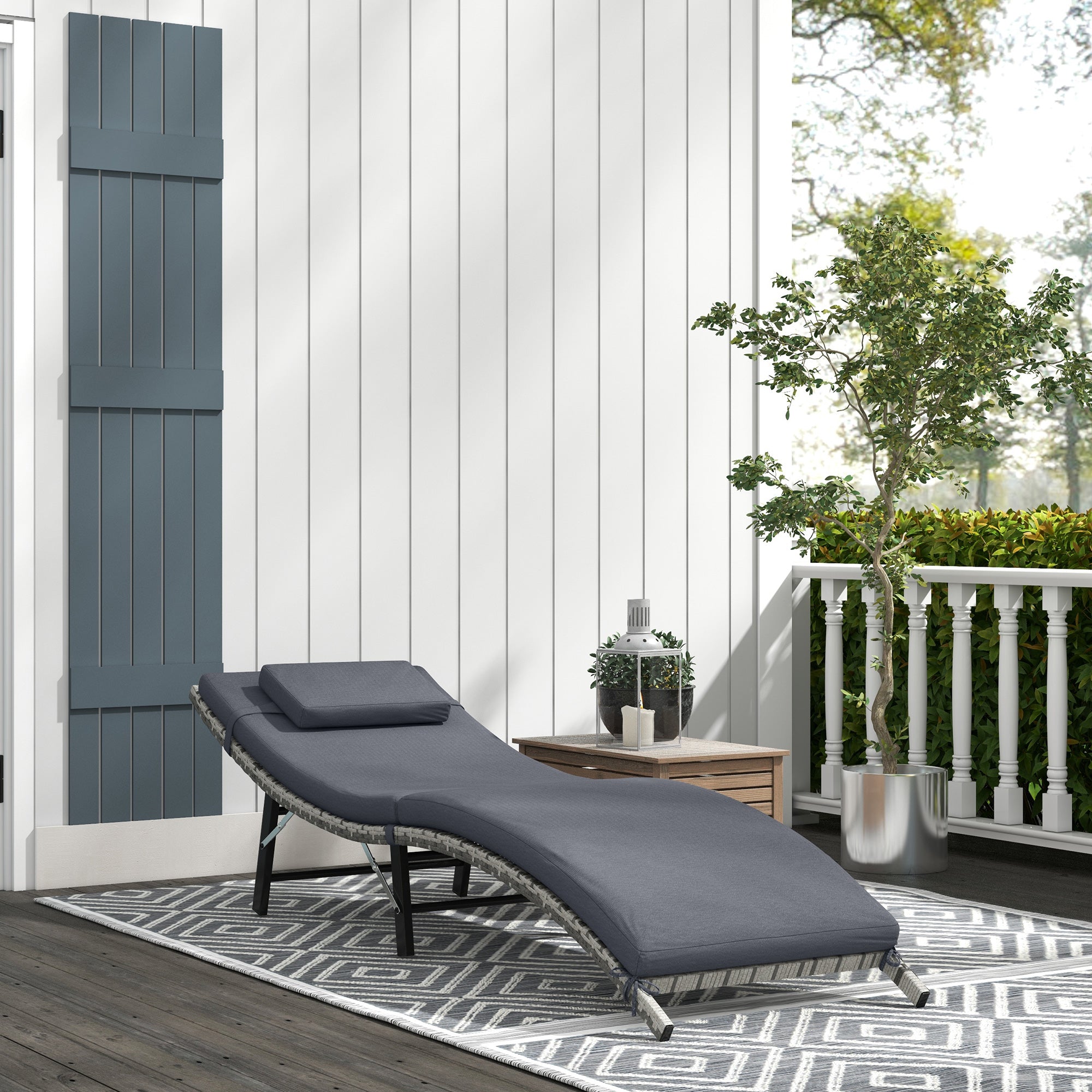 Outsunny Rattan Folding Sun Lounger Outdoor Chair with Cushion and Pillow Grey - North Peak Garden Furniture