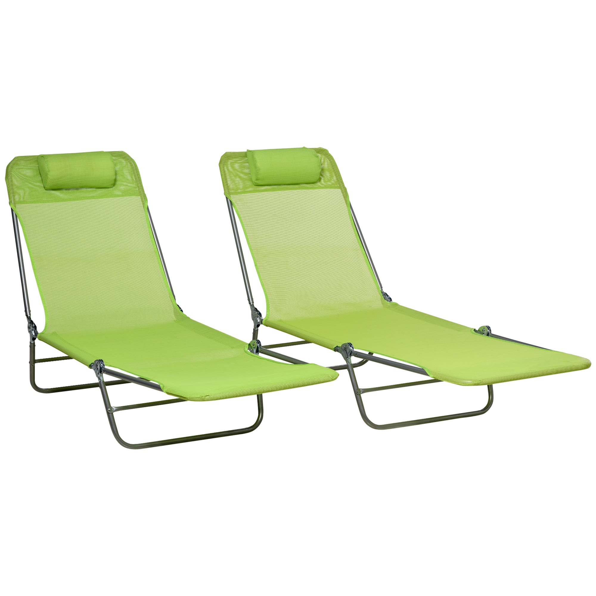 Outsunny Folding Sun Lounger Set of 2, Outdoor Day Beds with Pillow, Reclining Back, Steel Frame and Breathable Mesh for Beach, Yard, Patio, Green - North Peak Garden Furniture