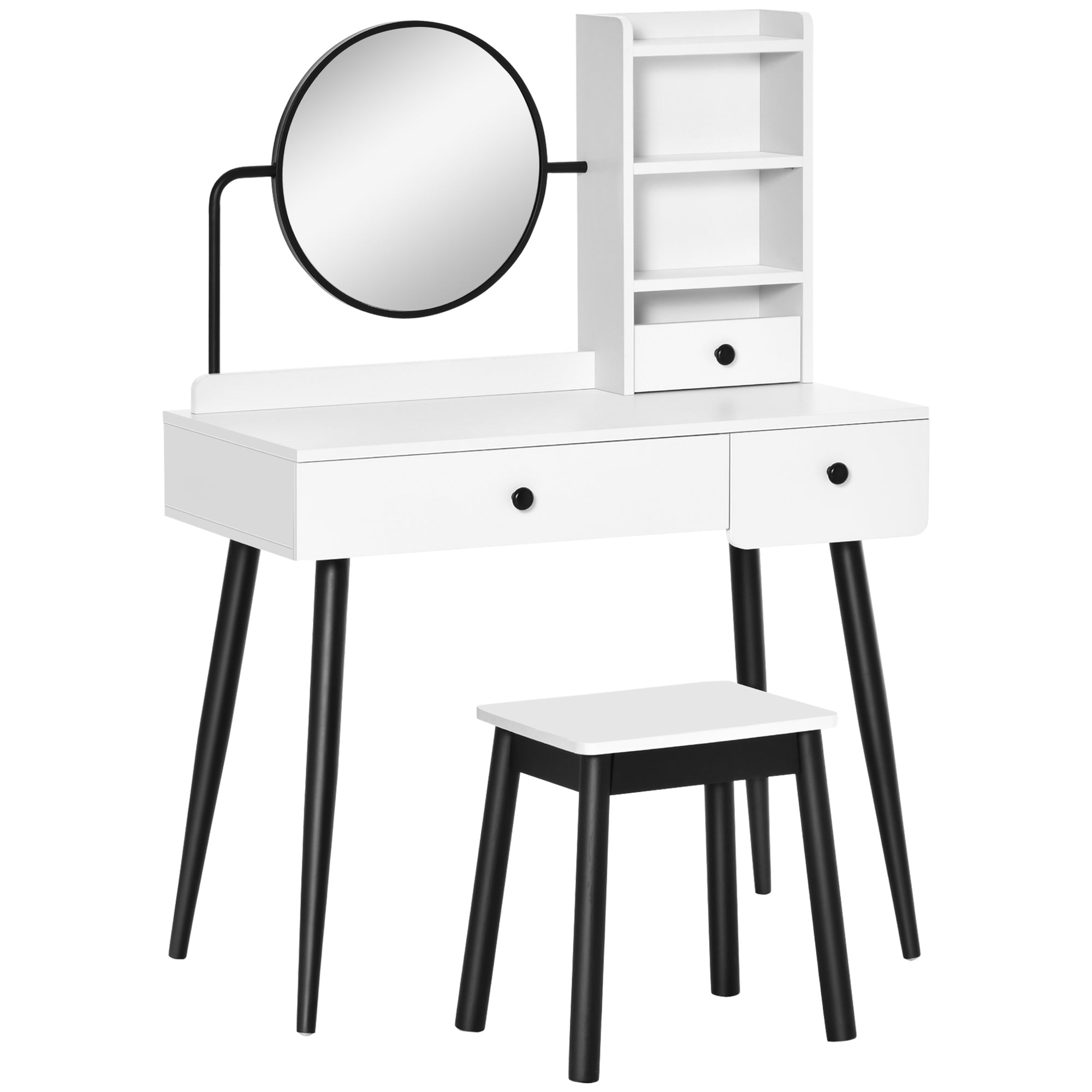 HOMCOM Dressing Table Set with Mirror and Stool, Vanity Makeup Table with 3 Drawers and Open Shelves for Bedroom, Living Room, White - North Peak Garden Furniture