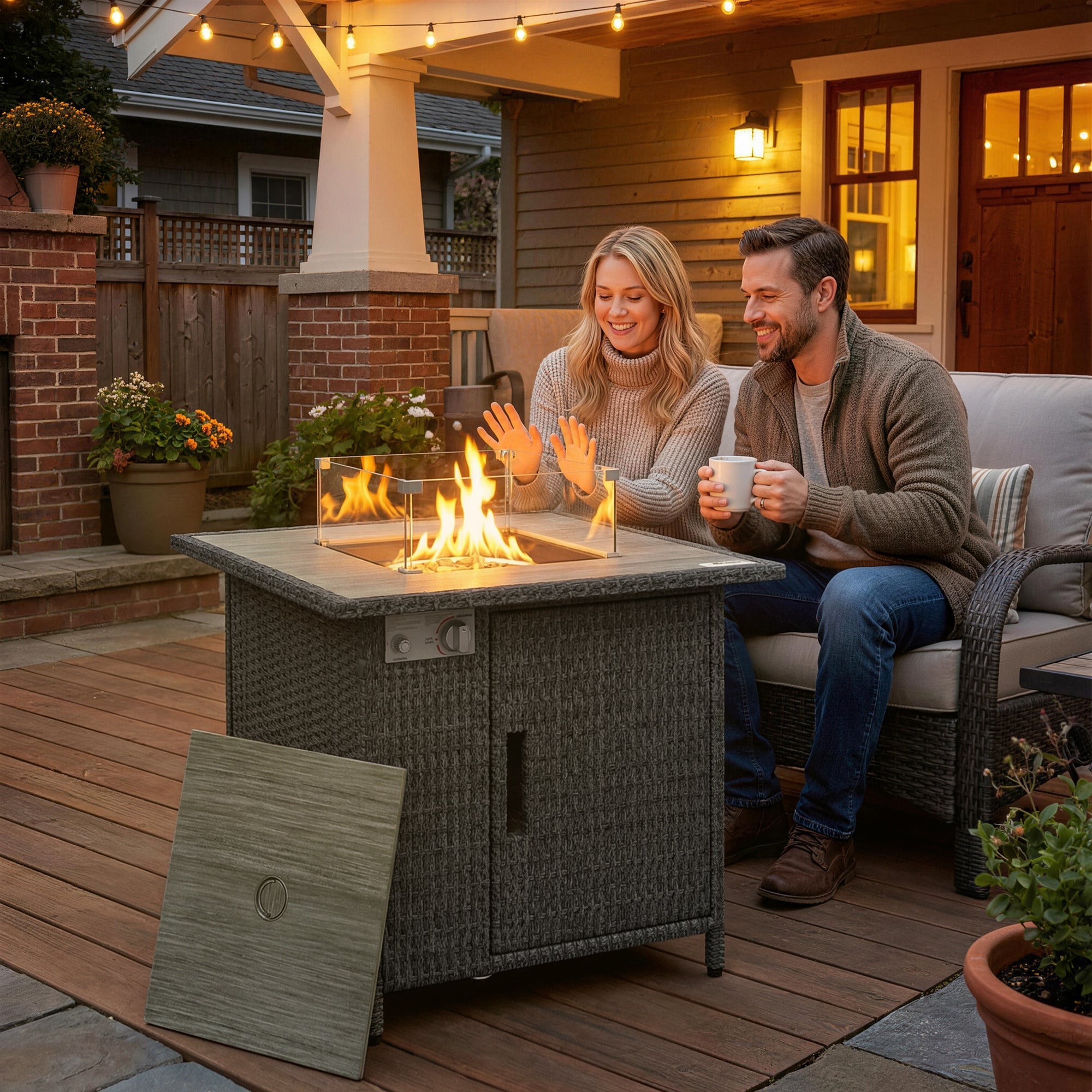 Outsunny 14.5 KW Rattan Gas Fire Pit Dining Table with Rain Cover, Wind Guard, Lid, Lava Rocks, Dark Grey
