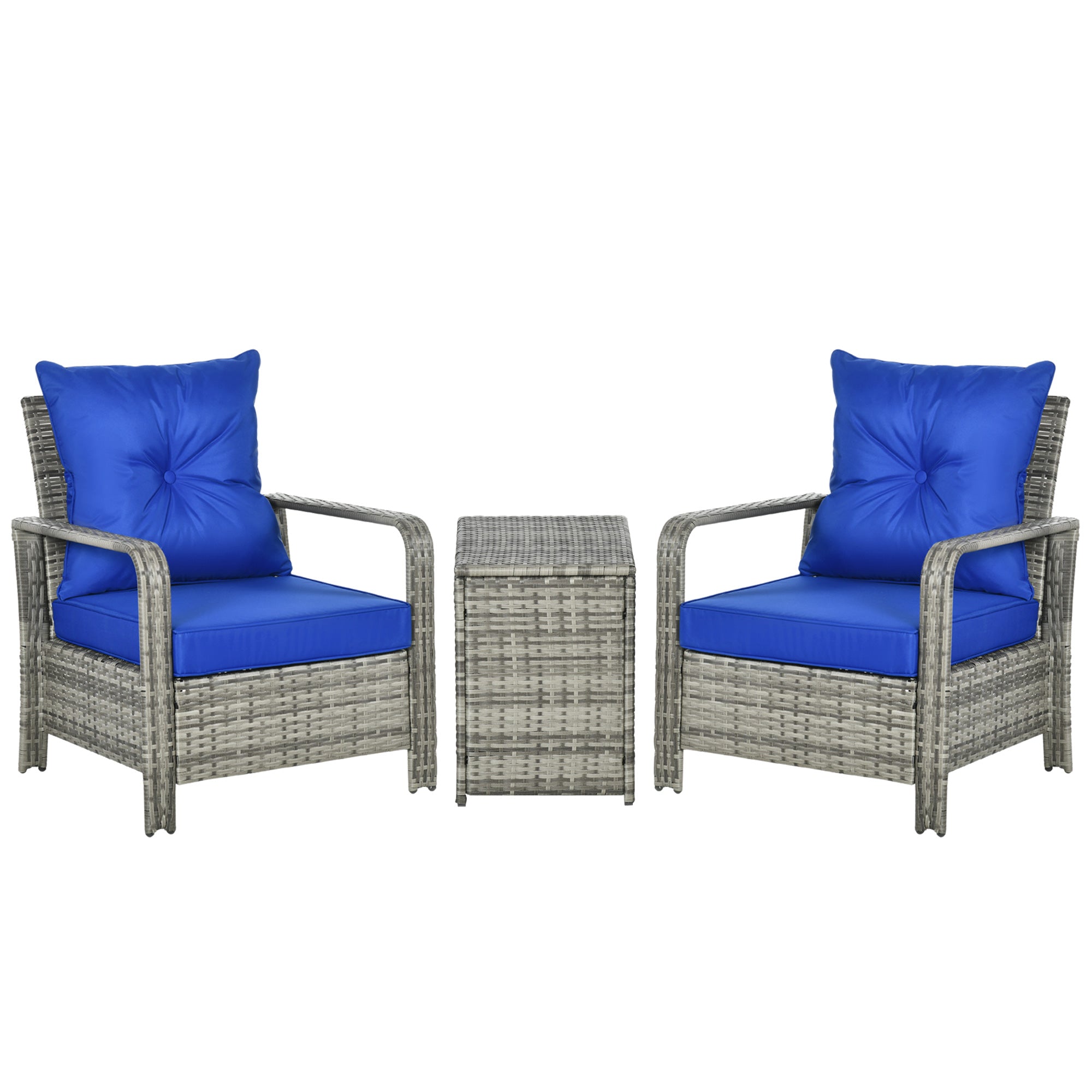 Outsunny 3 Pieces Rattan Bistro Set, Wicker Garden Furniture Set with Storage Coffee Table and Chairs, Thickened Cushions for Outdoor, Patio, Balcony, Blue - North Peak Garden Furniture