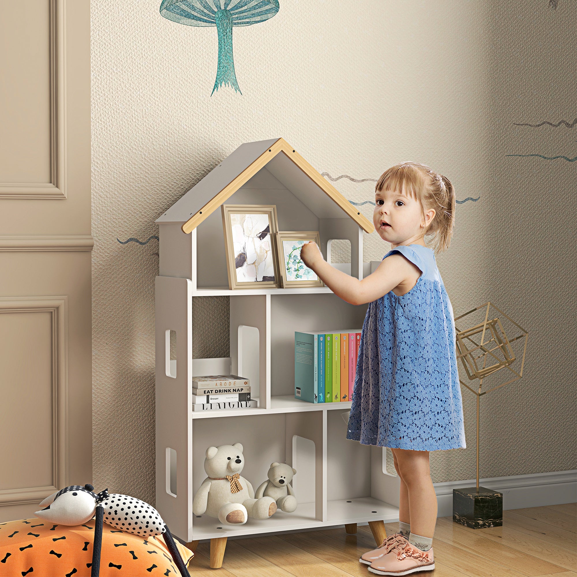 ZONEKIZ Three-Tier Toy Storage Shelf, Kids Bookcase, with Six Cubes, for Playroom, Bedroom - White - North Peak Garden Furniture