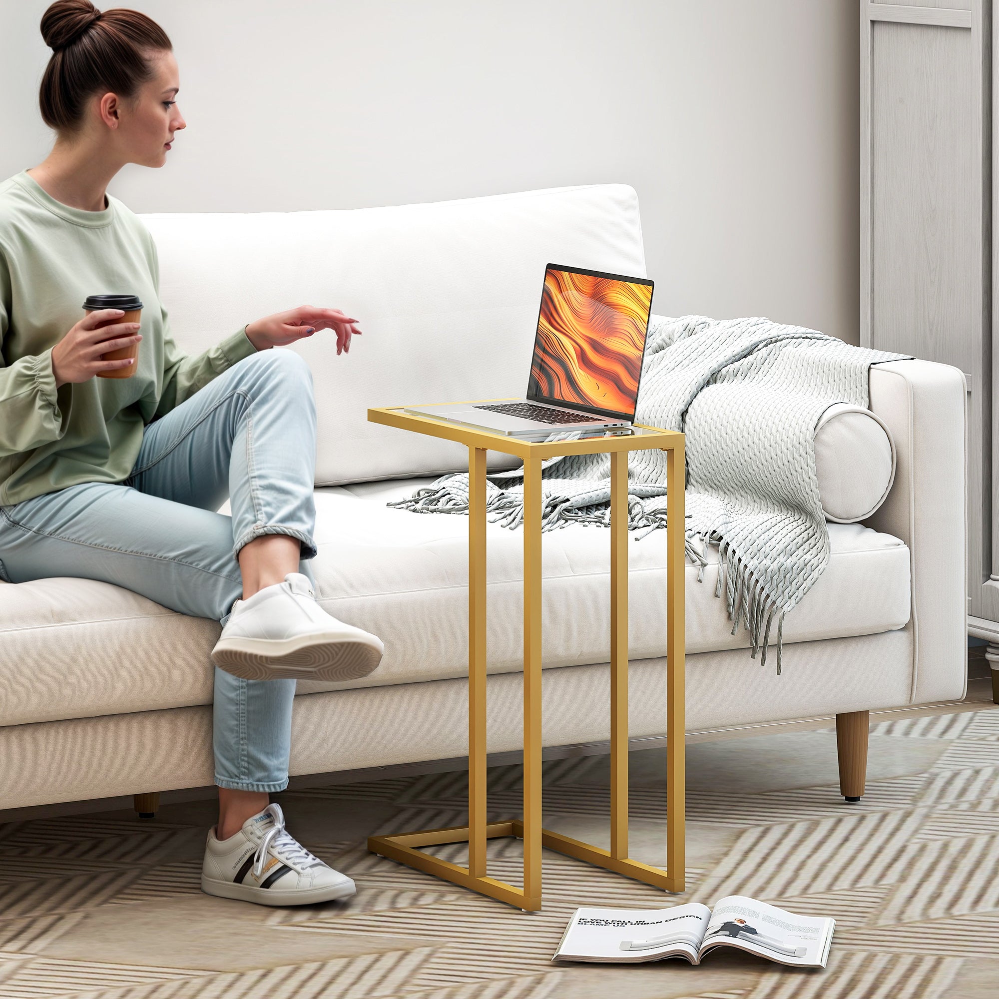 HOMCOM C-Shaped Side Table, Modern Slim End Table with Tempered Glass Tabletop, Steel Frame for Small Space, Living Room, Bedroom, Gold Tone - North Peak Garden Furniture