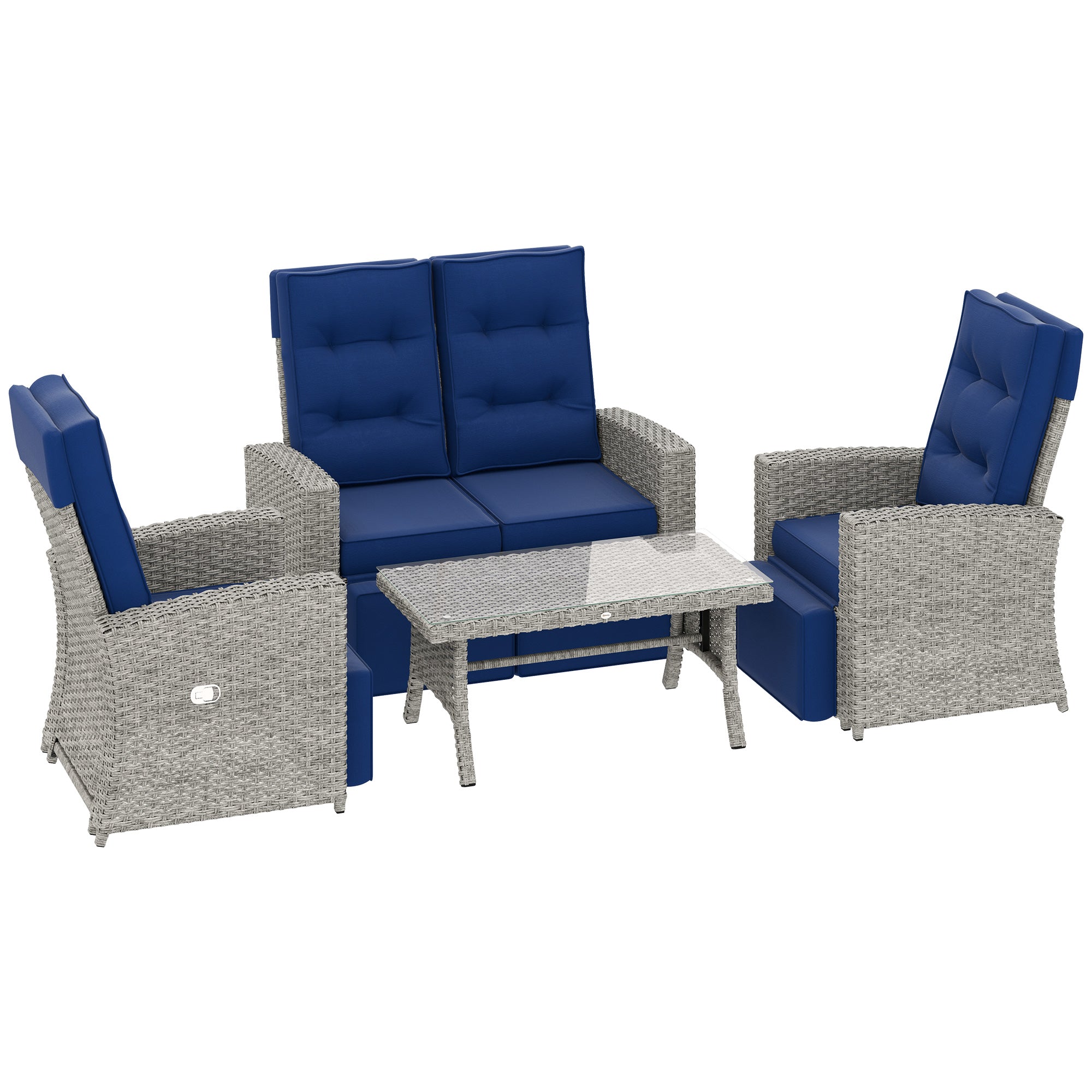 Outsunny 4 Piece Rattan Garden Furniture Set Outdoor Sofa Sectional Set with Glass Top Table for Poolside, Navy Blue - North Peak Garden Furniture