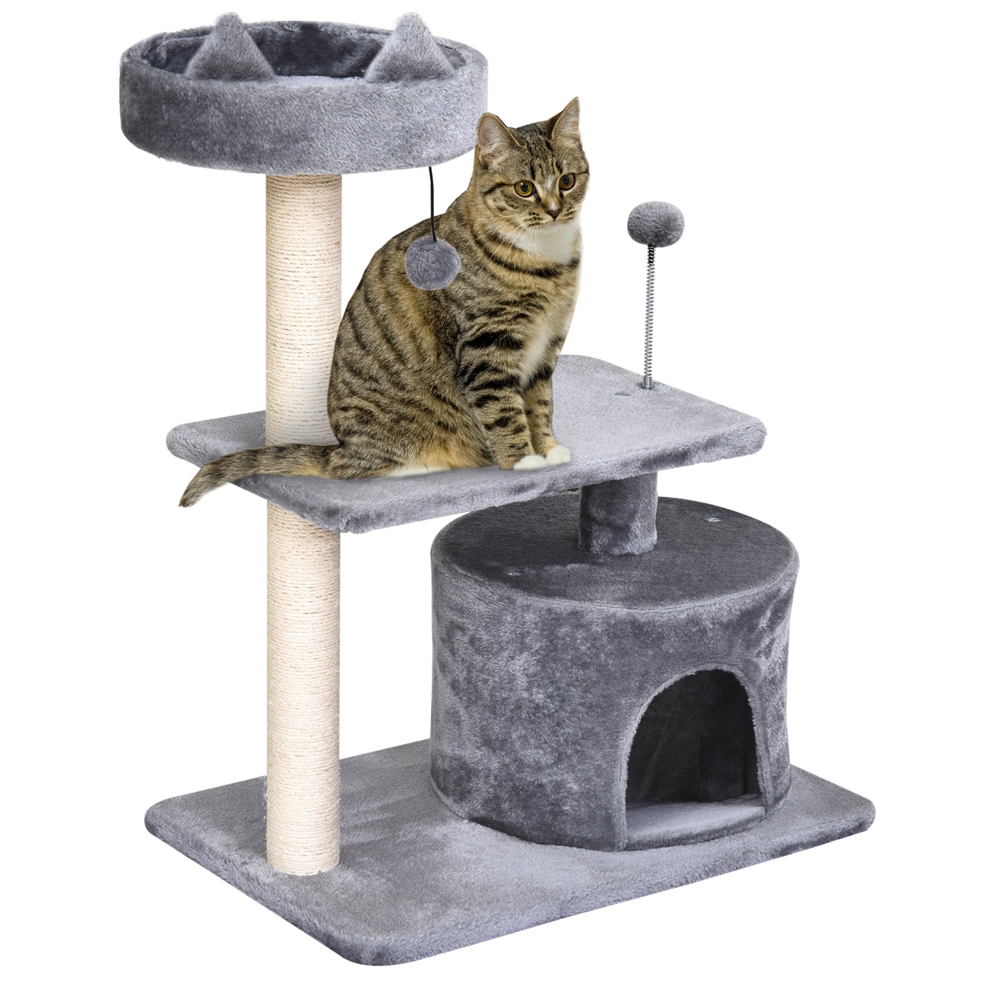 PawHut Multi Level Cat Tree for Indoor Cats with Scratching Post Bed Condo Perch, Kitten Climbing Tower, Grey 60L x 40W x 81H cm - North Peak Garden Furniture