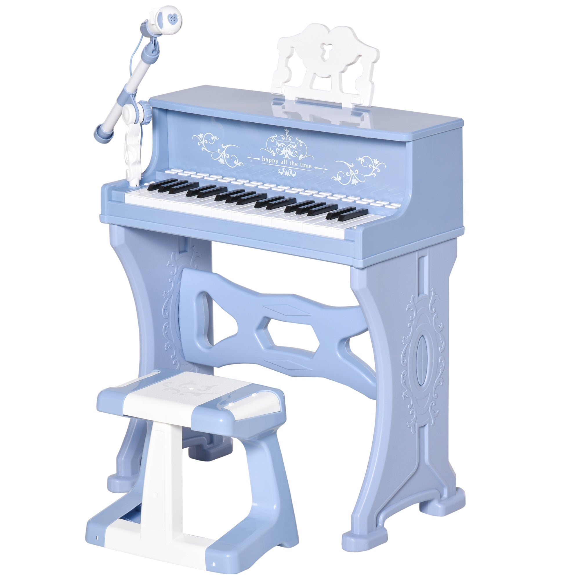 HOMCOM 37 Keys Kids Piano Mini Electronic Keyboard Light Kids Musical Instrument Educational Game Children Grand Piano Toy Set w/Stool & Microphone & Music Stand (Blue) - North Peak Garden Furniture